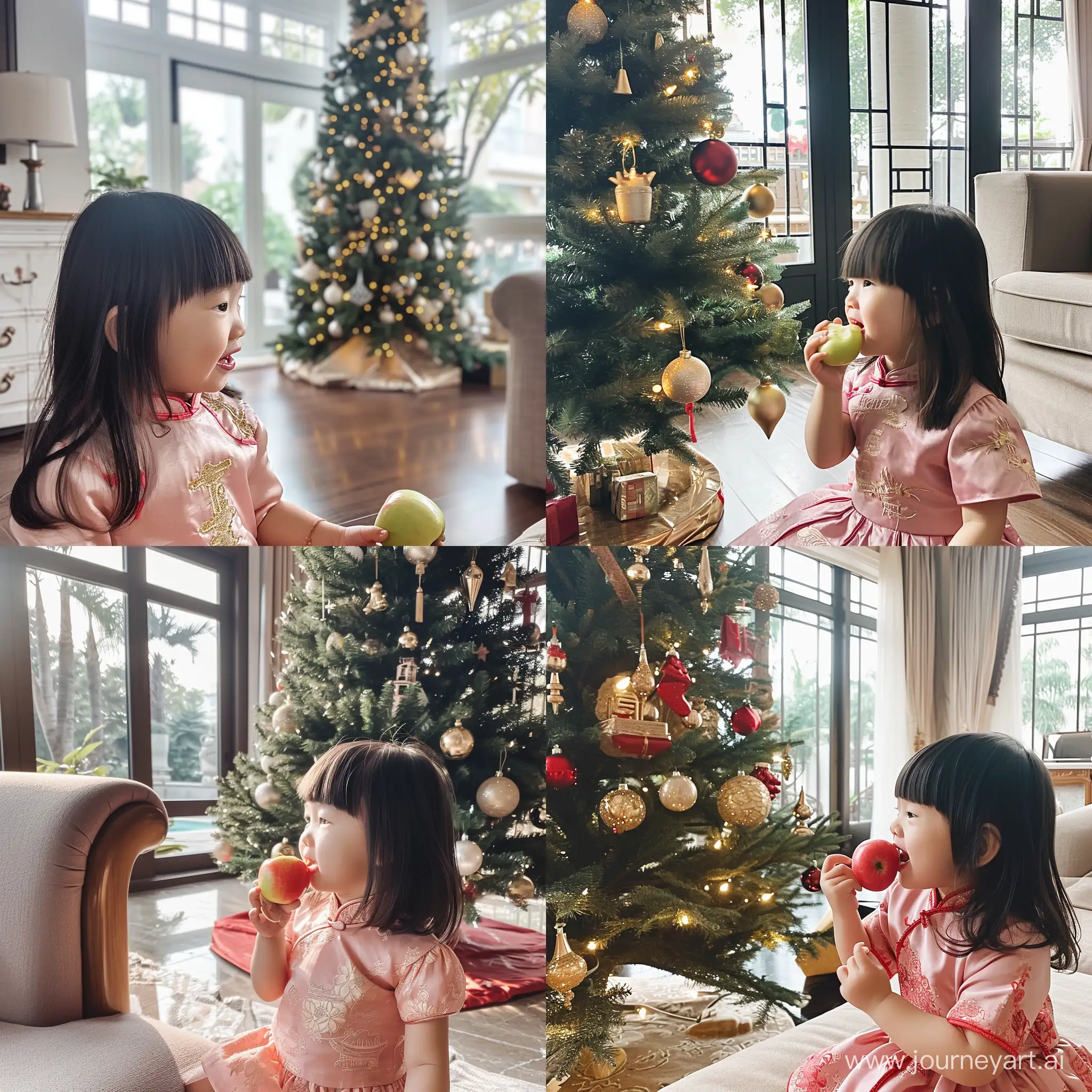 一个齐刘海头发长度到脖子的小女孩，穿着粉色中国风的套装裙，坐在一棵圣诞树旁，吃着苹果，幸福的看着圣诞树。这棵圣诞树在客厅的角落。客厅的装修奢华而低调，现代化的装修，大大的落地窗，光线充足，暖暖的阳光洒在小女孩的脸上。