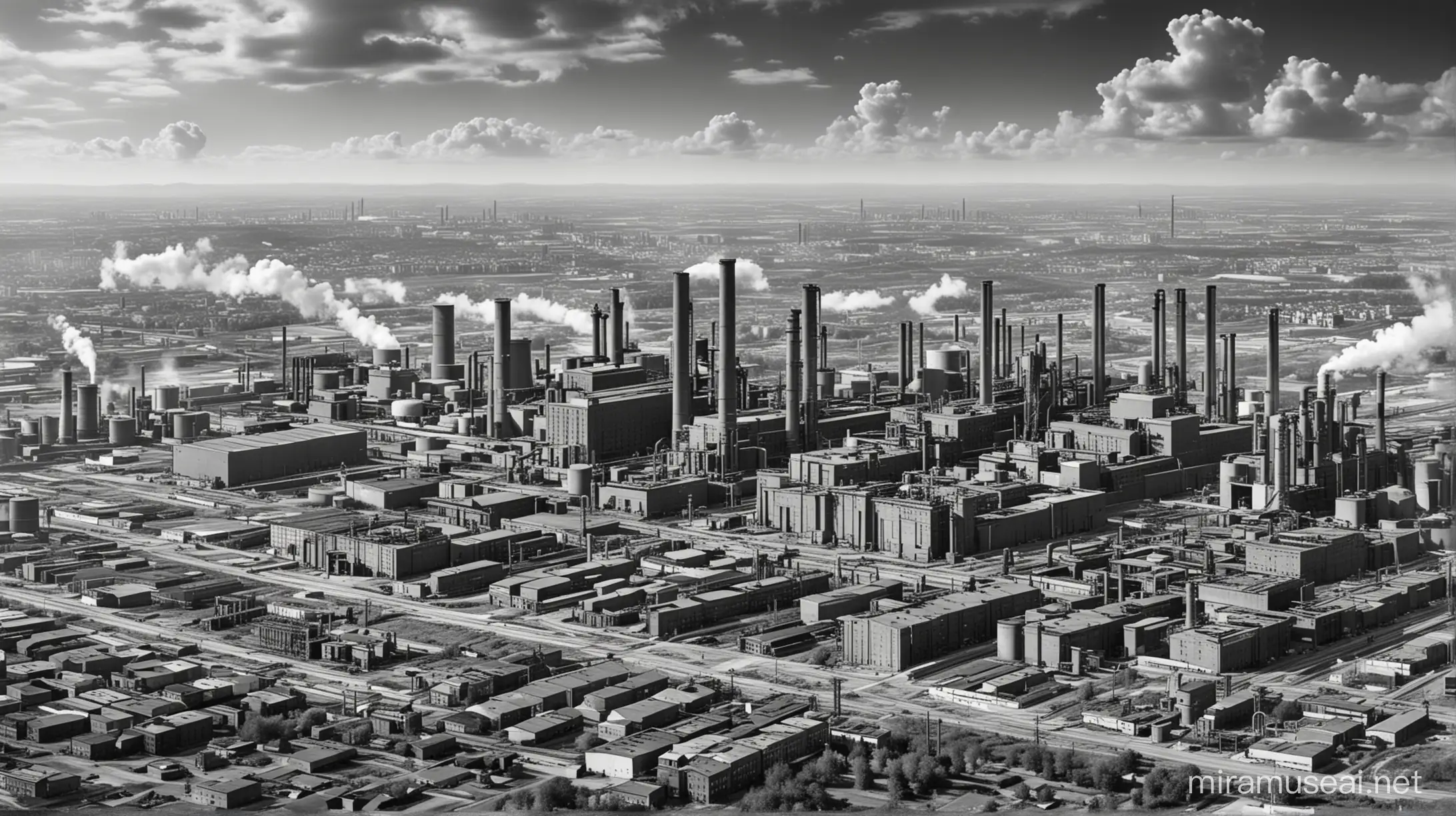 Polo industrial gigantesco com usinas. Ano de 1920 e imagem preta e branca.