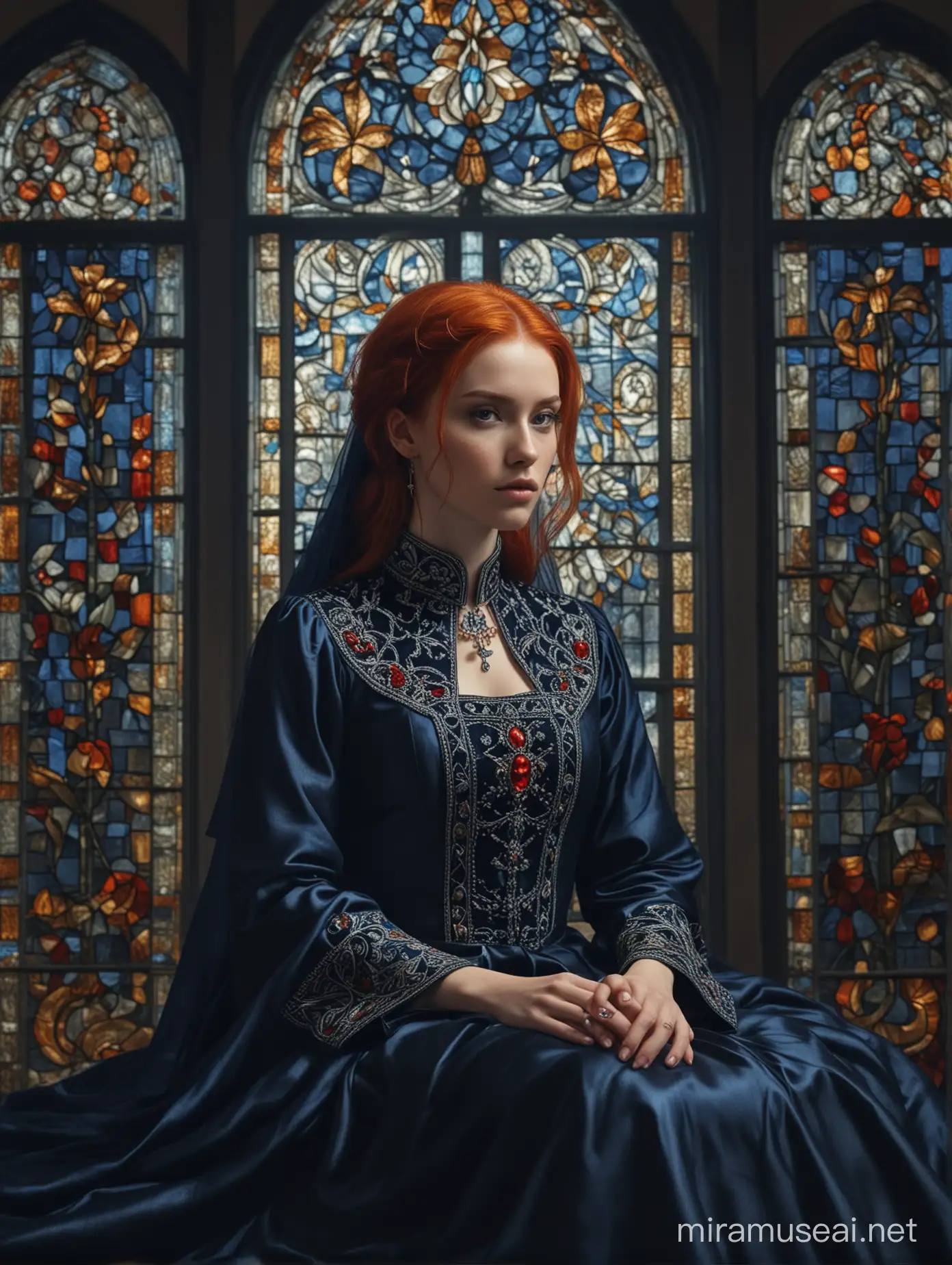 woman with red hair in a blue dress embroidered with sapphires and silver sits on the lap of a young man with long white hair dressed in a black cassock against the background of a night Gothic room with large stained glass windows  fantasy style photorealism cinematic 8K quality high detail pictures full face portrait waist-length portrait full face angle