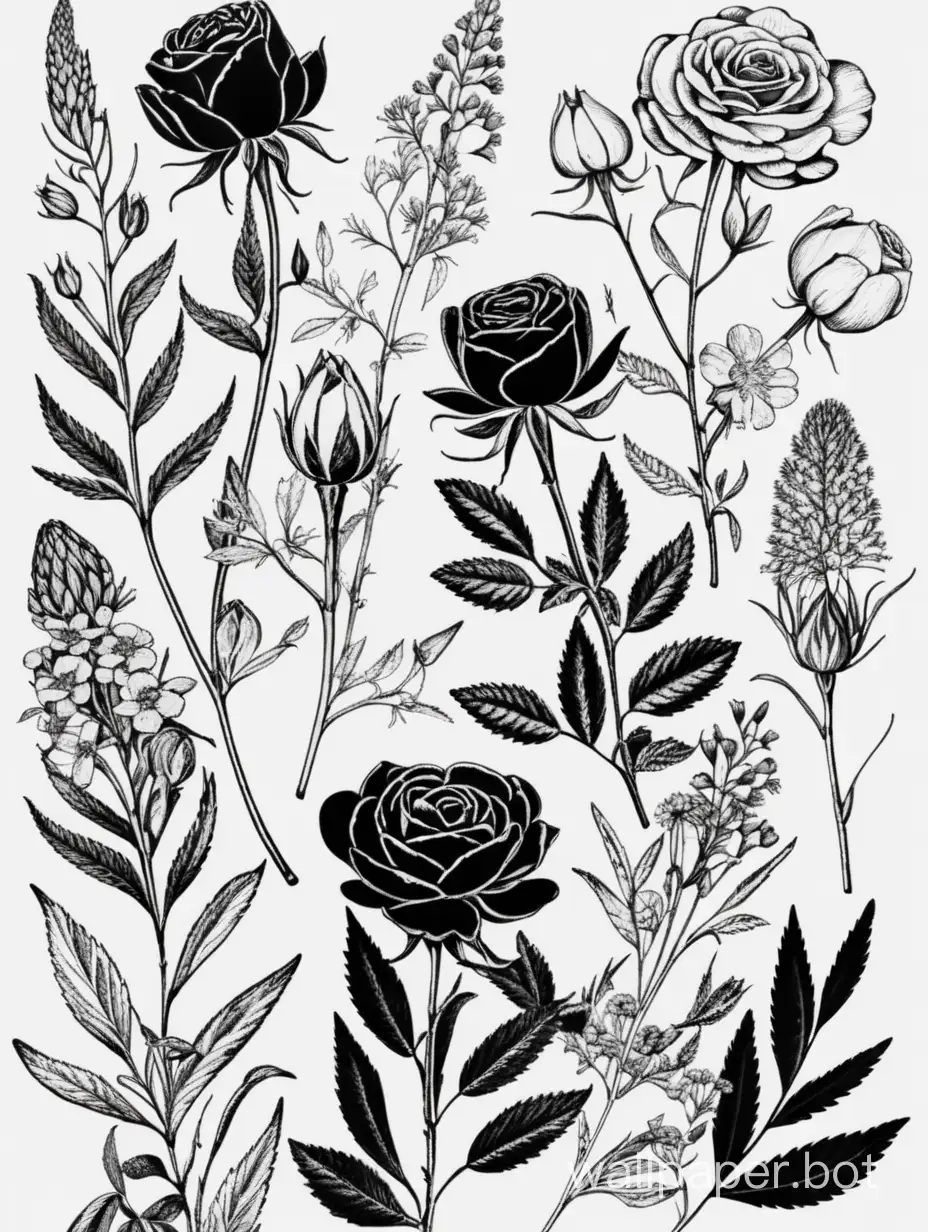 Vintage-Botanical-Wildflowers-Sticker-Art-on-Black-Background