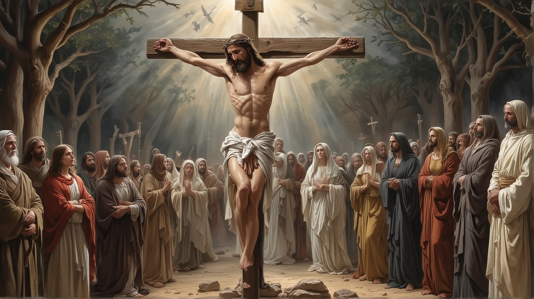 A poignant illustration capturing the moment of Jesus' crucifixion, with Mary Magdalene, Mary, and the mother of James and John depicted in the background, representing the diverse group of followers who remained faithful to Jesus even in his darkest hour.