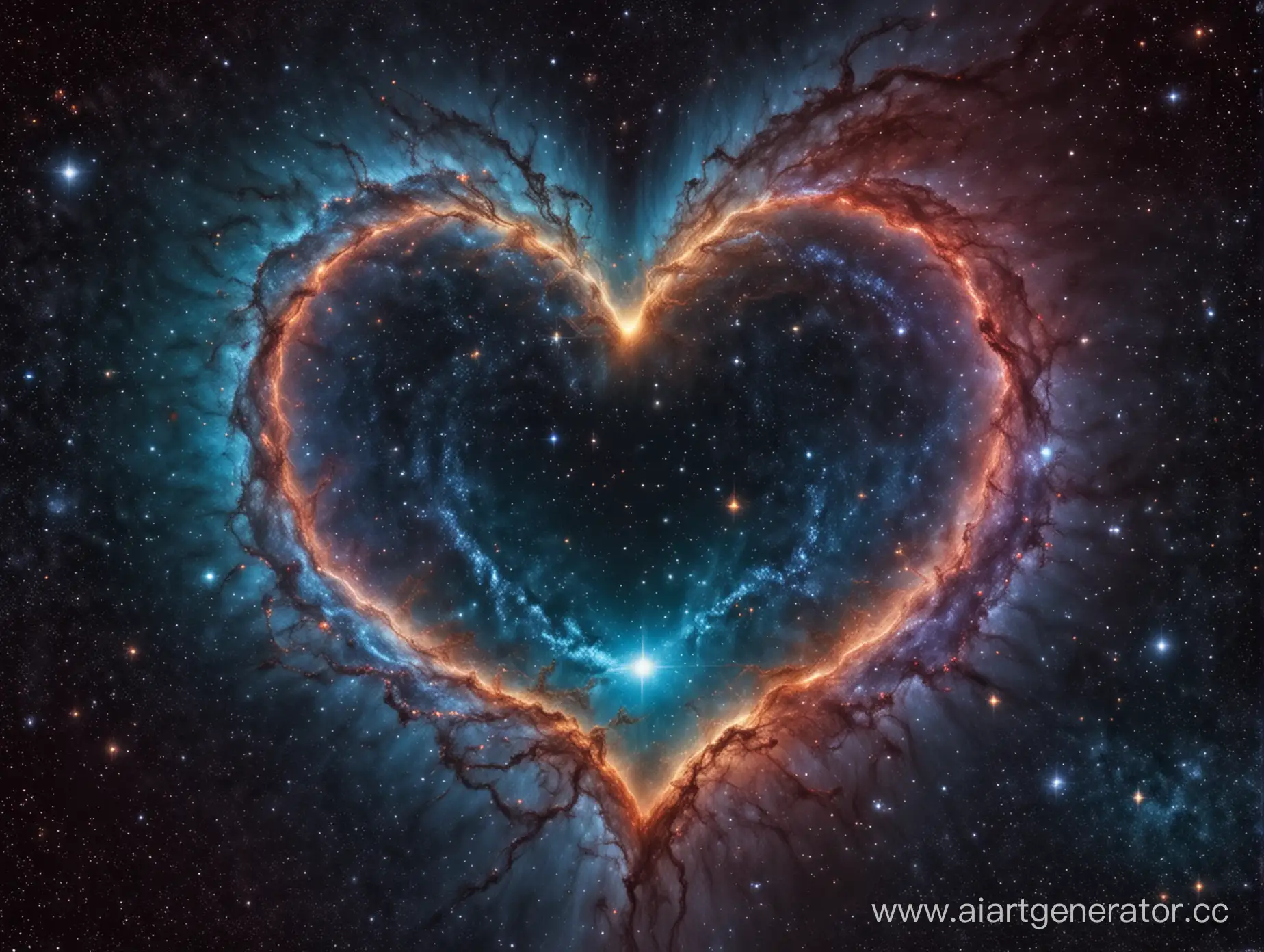 Сердце человека находится в середине кадра. На фоне космос и галактики