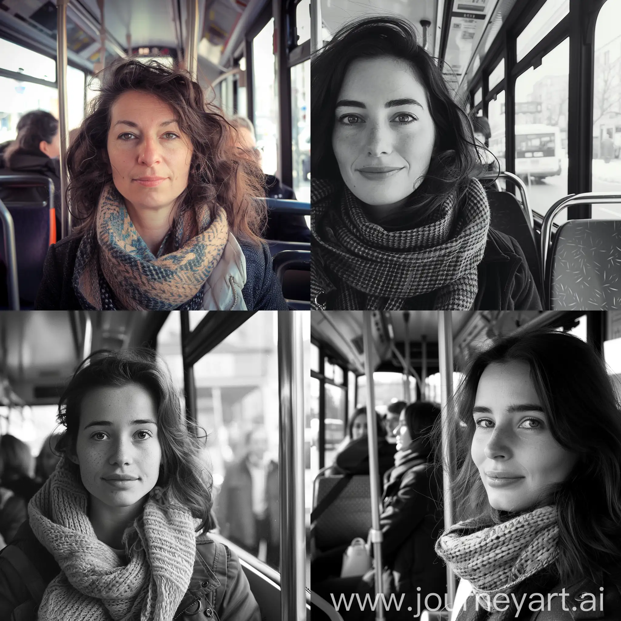 Женщина в автобусе с шарфом мило смотрит в камеру