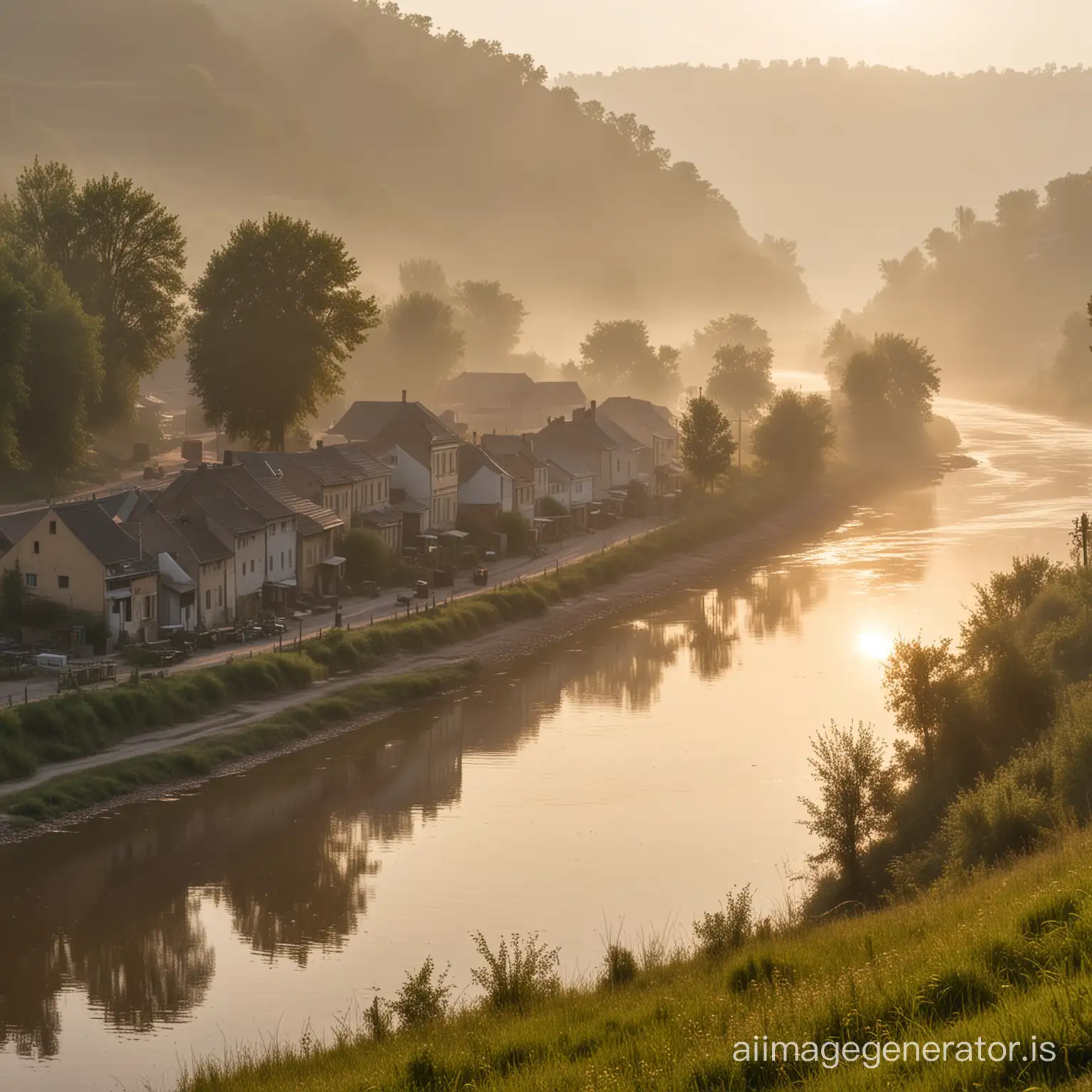 A small village is visible on the bank of a beautiful river. The hazy sun rises from the bank.