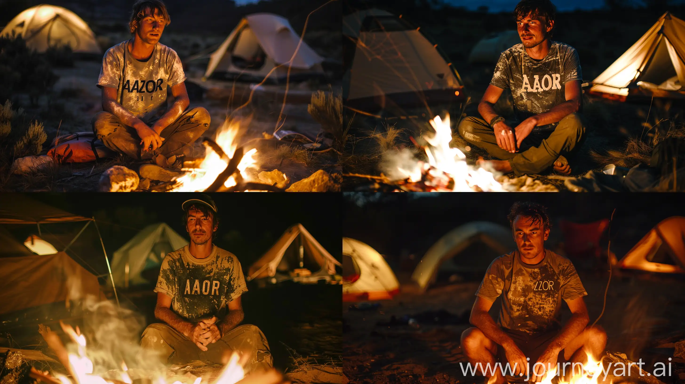  cinematographic photography, documentary photography, a man sitting around the campfire at night in the Tasmanian desert, wearing a faded t-shirt with the word Azor printed on it, we can see some tents in the interior background, long shot, cinema verite --ar 16:9 --style raw --v 6.0