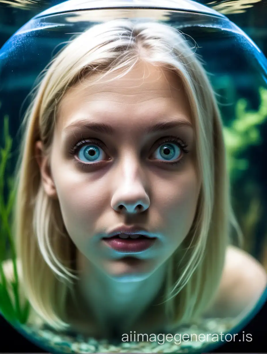 Tête d'une jeune femme blonde aux yeux globuleux dans un aquarium en forme de sphère. Photo prise par un Canon EOS 5D en HD.