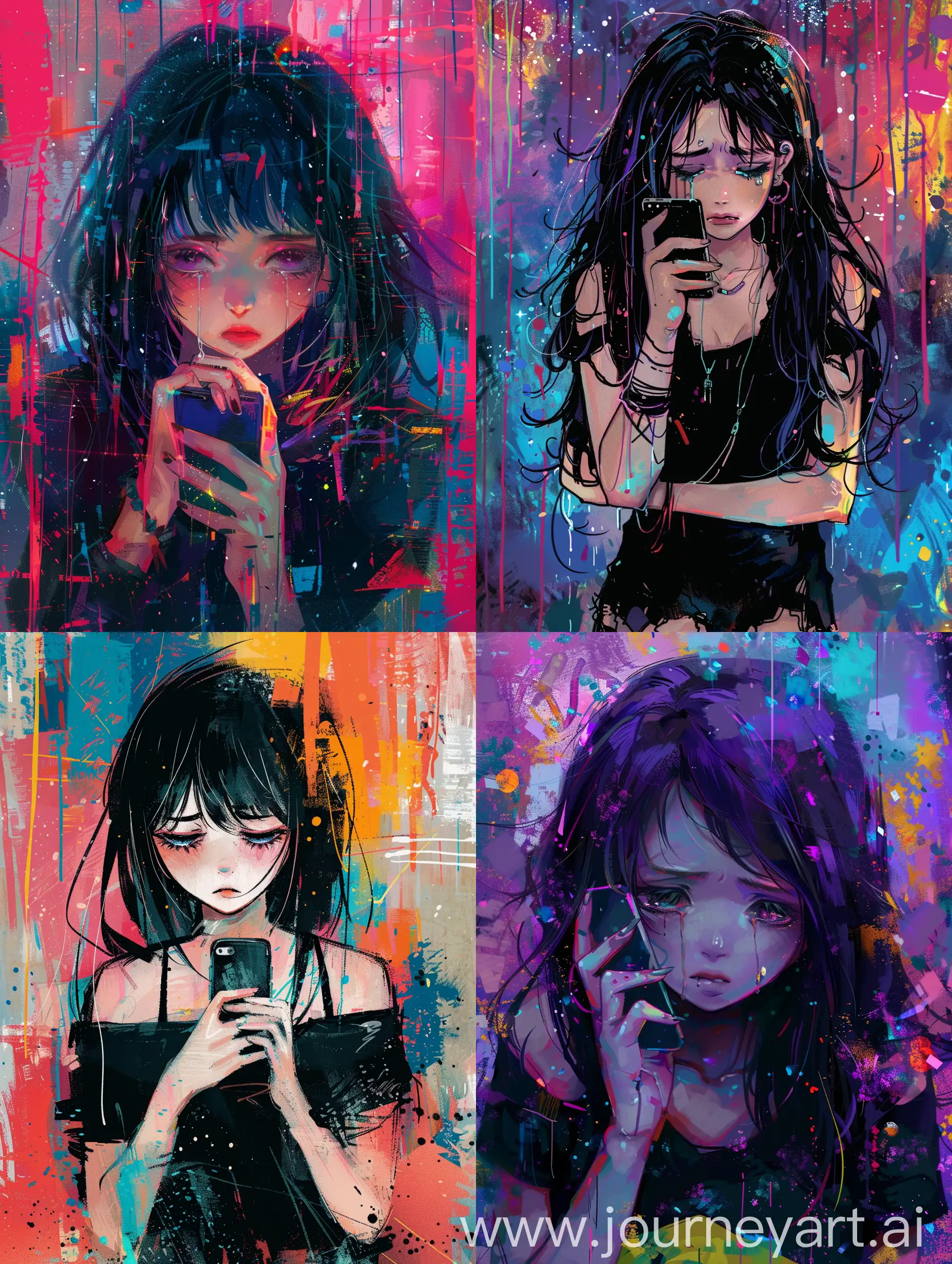 Melancholic-Anime-Girl-Holding-Phone-with-Abstract-Background