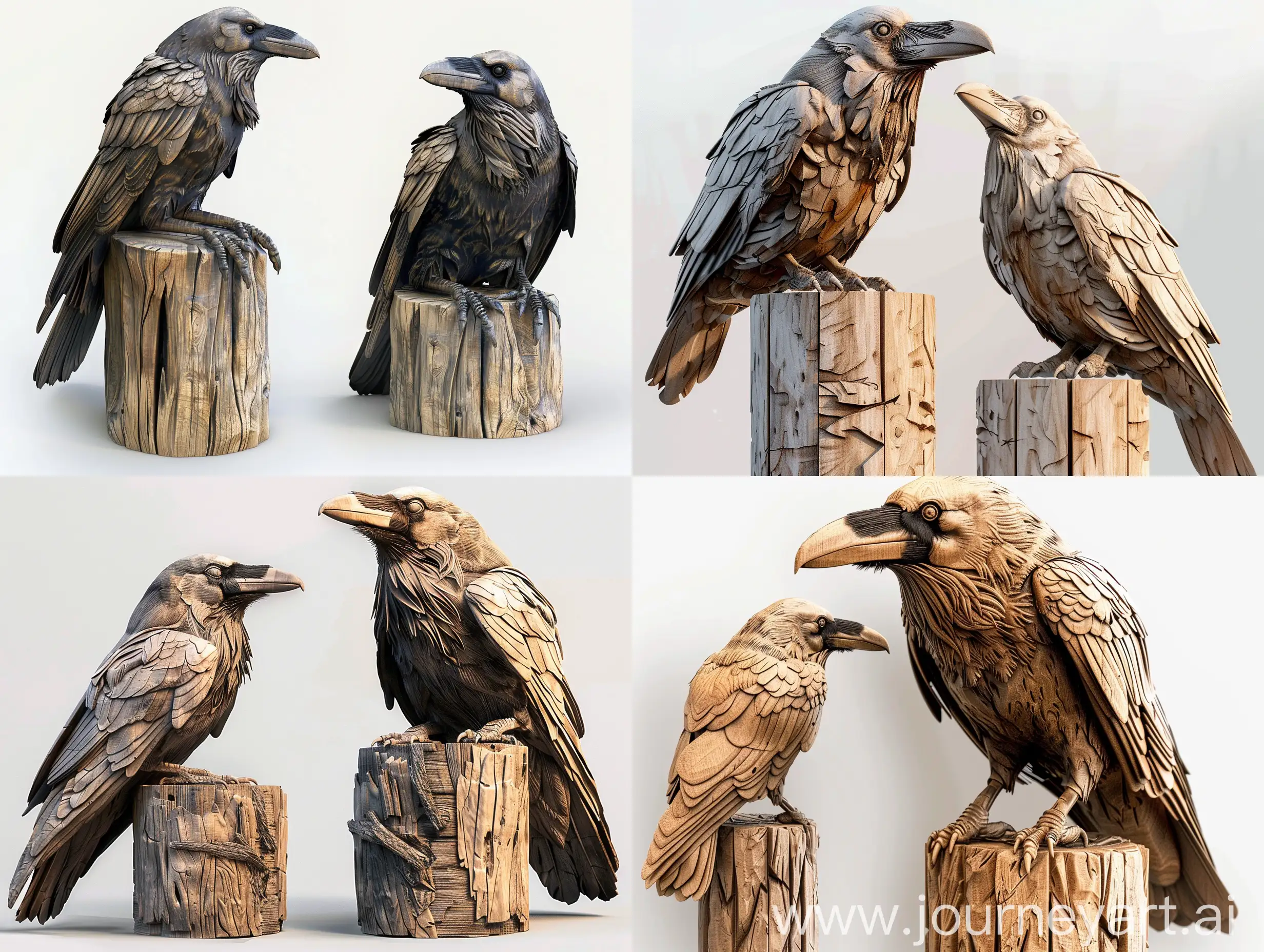 Realistic-Wooden-Raven-Sculpture-Resting-on-Cylinder