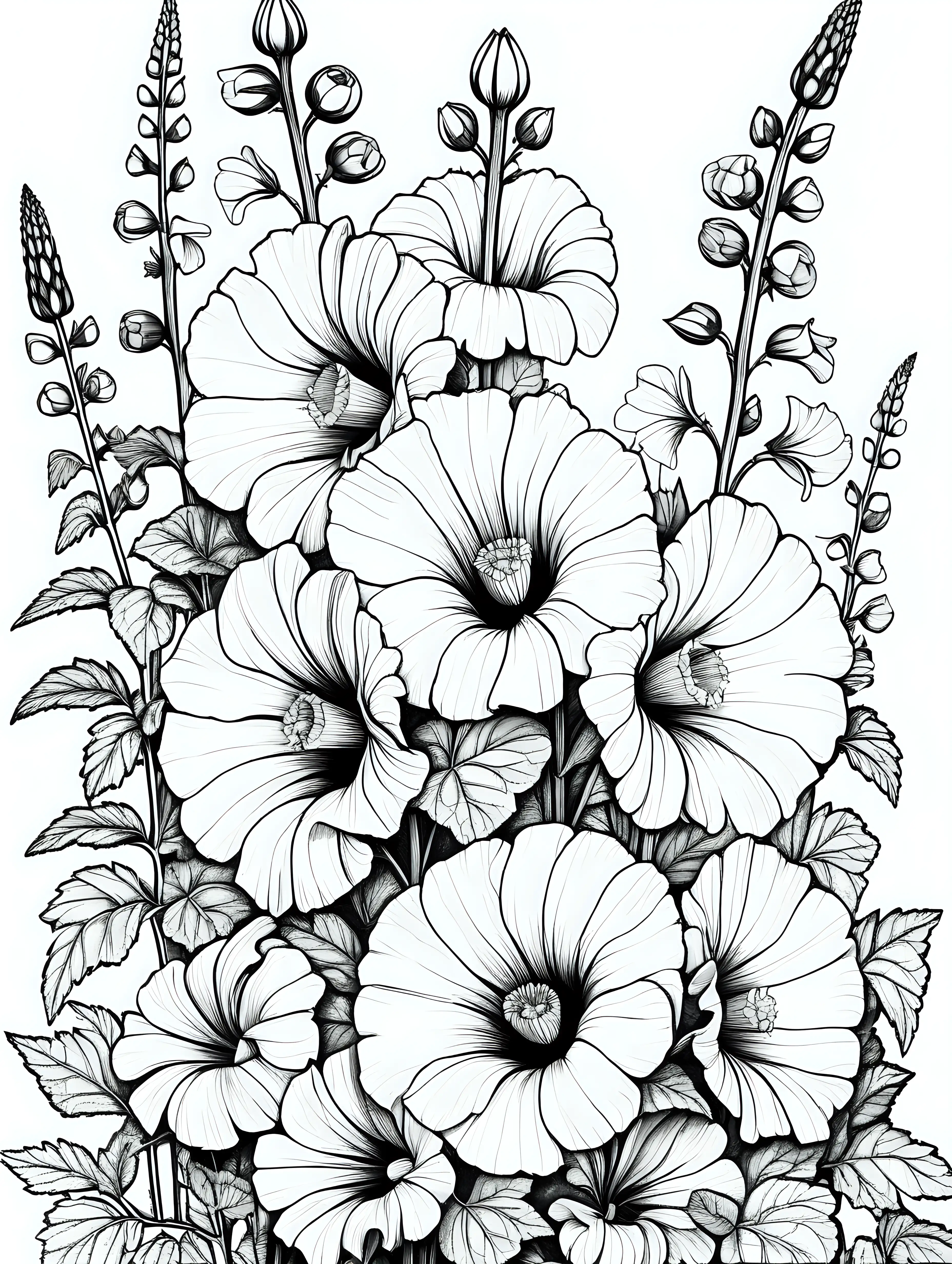 A arrangement of large hollyhock flowers filling the entire page black and white coloring page, cartoon style, thin lines, few details, no background, no shadows, no greys