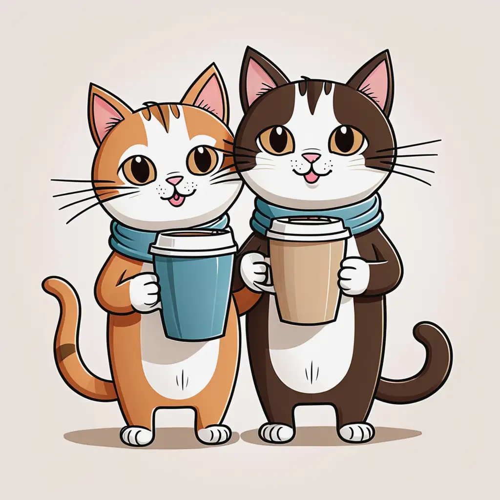 drawing of cartoon cats holding coffee; plain background