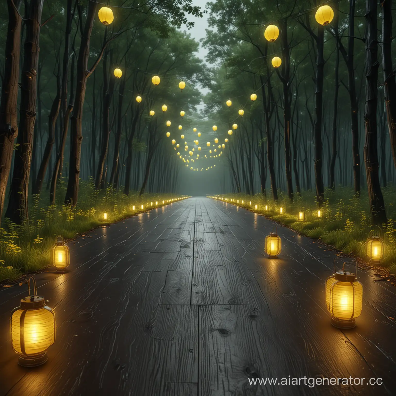 Green-Laminated-Plywood-Path-Illuminated-by-Yellow-Lanterns-in-Dark-Forest
