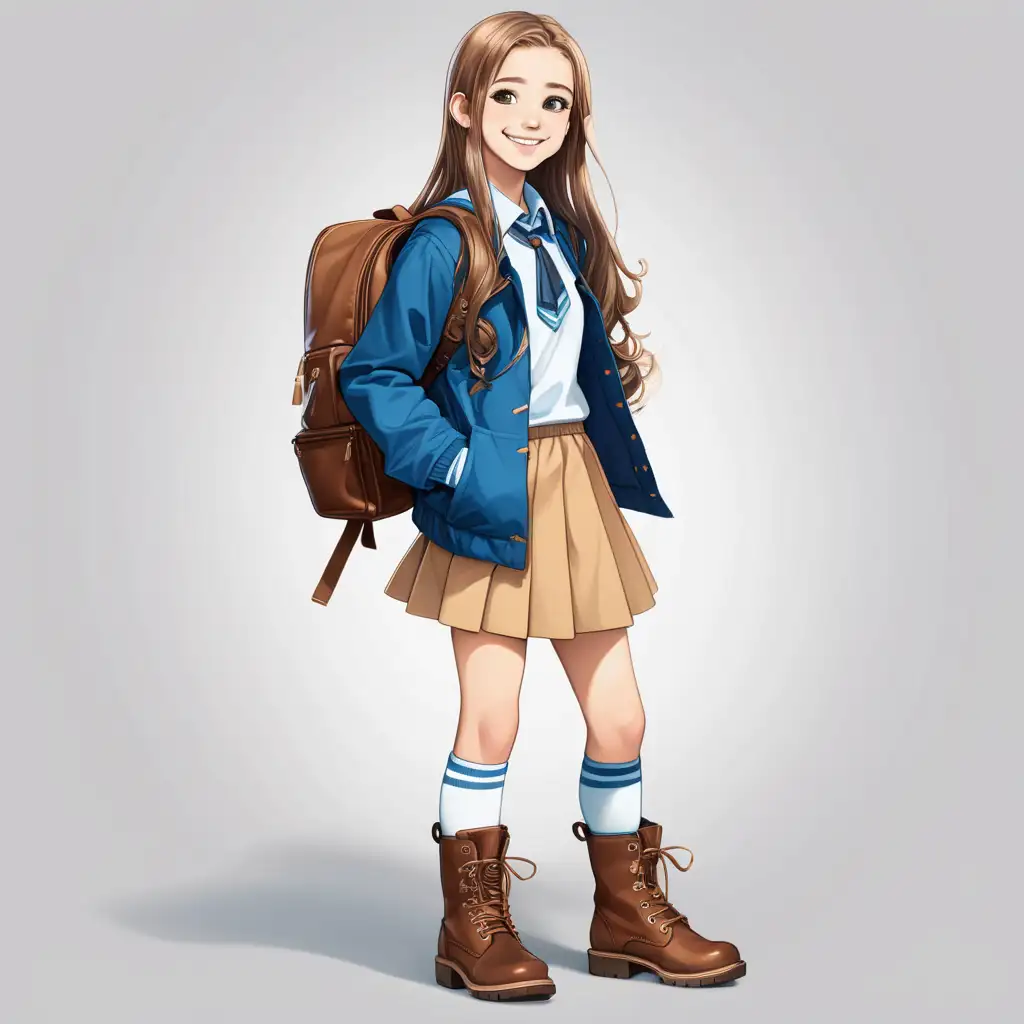 White teenage school girl with long hair smiling wearing a skirt shirt and blue jacket with brown boots and a brown backpack show full body length