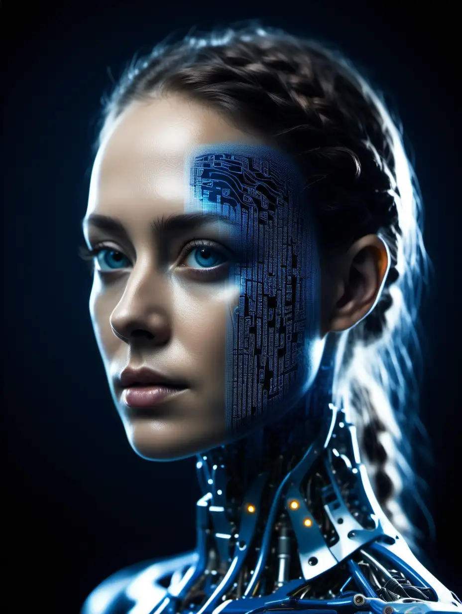 professional photo with slight reflection. dark background. dark blue high tech waves of neural network in bottom and double exposure nice woman in her late 20s human head half robot half human westworld style uhd 8k realistic detailed bit of matrix style