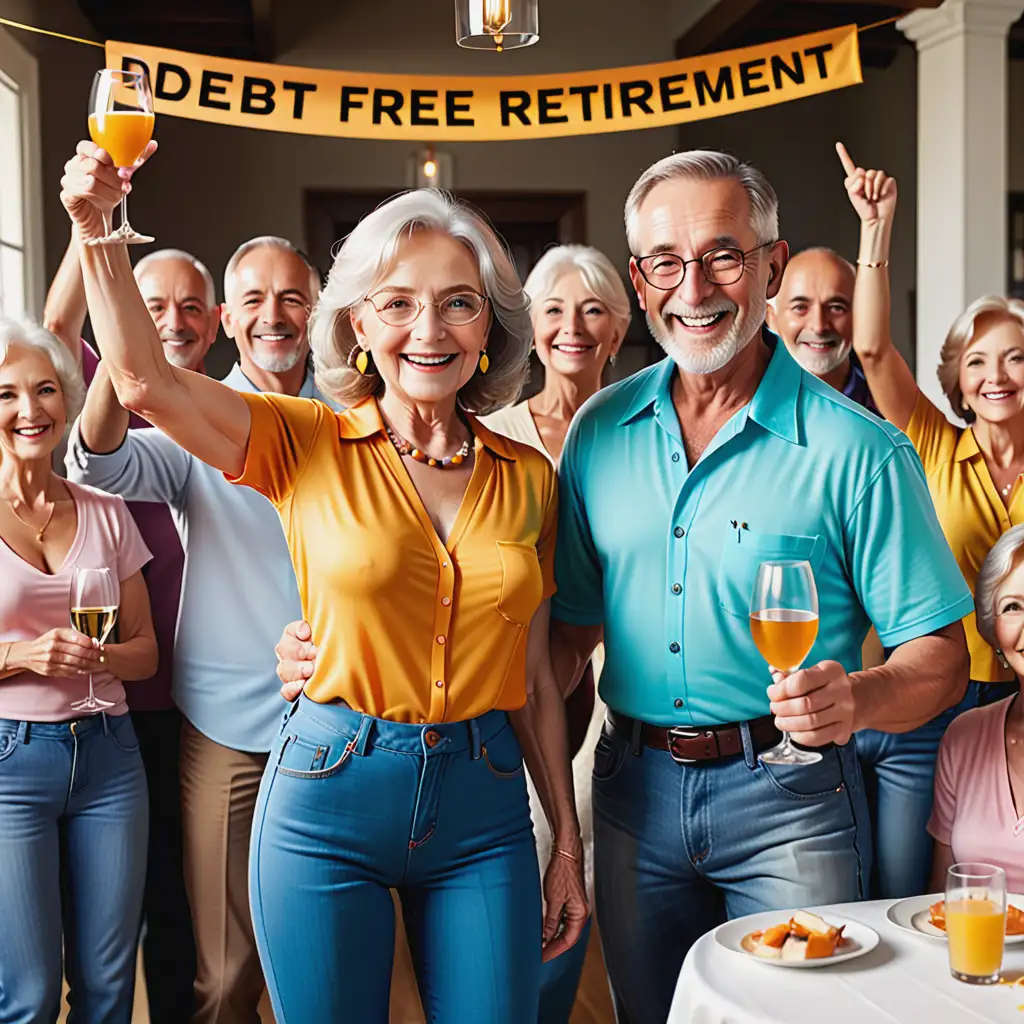 Elderly Couple Celebrating DebtFree Retirement with Family and Friends