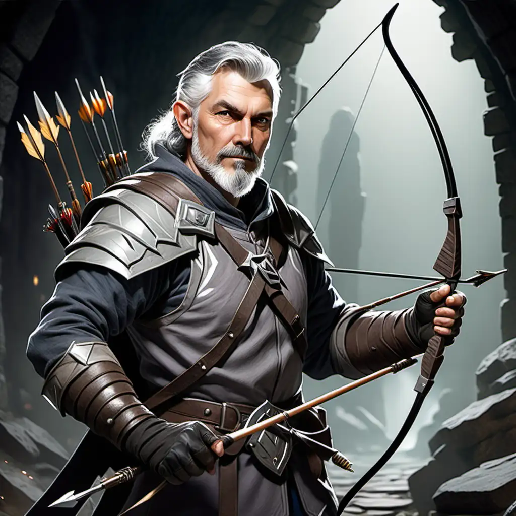 white middle aged human ranger male with grey hair and a very short grey beard, in an dungeons and dragons environment, holding a bow and arrow