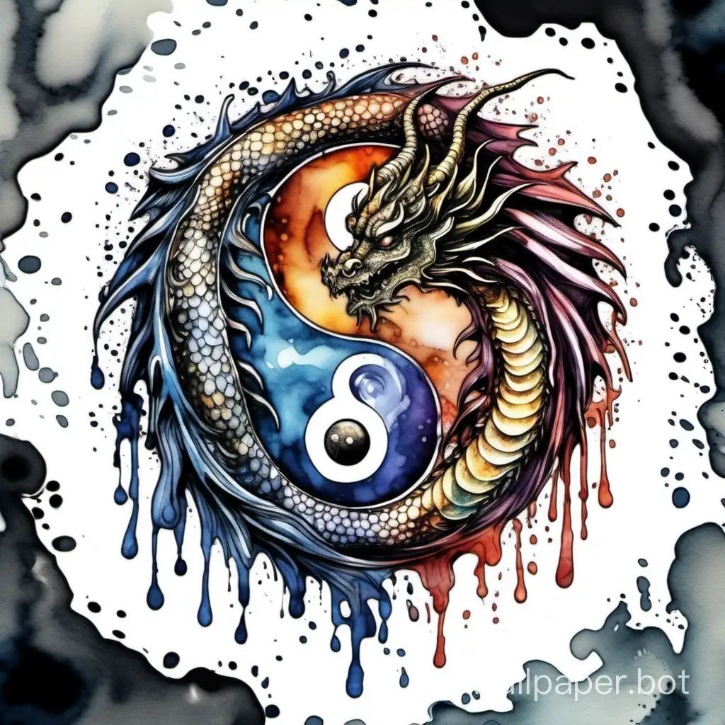 magical Bohemian yin yang front head of dragon, high contrast dripped fluid watercolor, explosive dripped texture, ornate detailed illustration, octane render, sticker style, sticker art