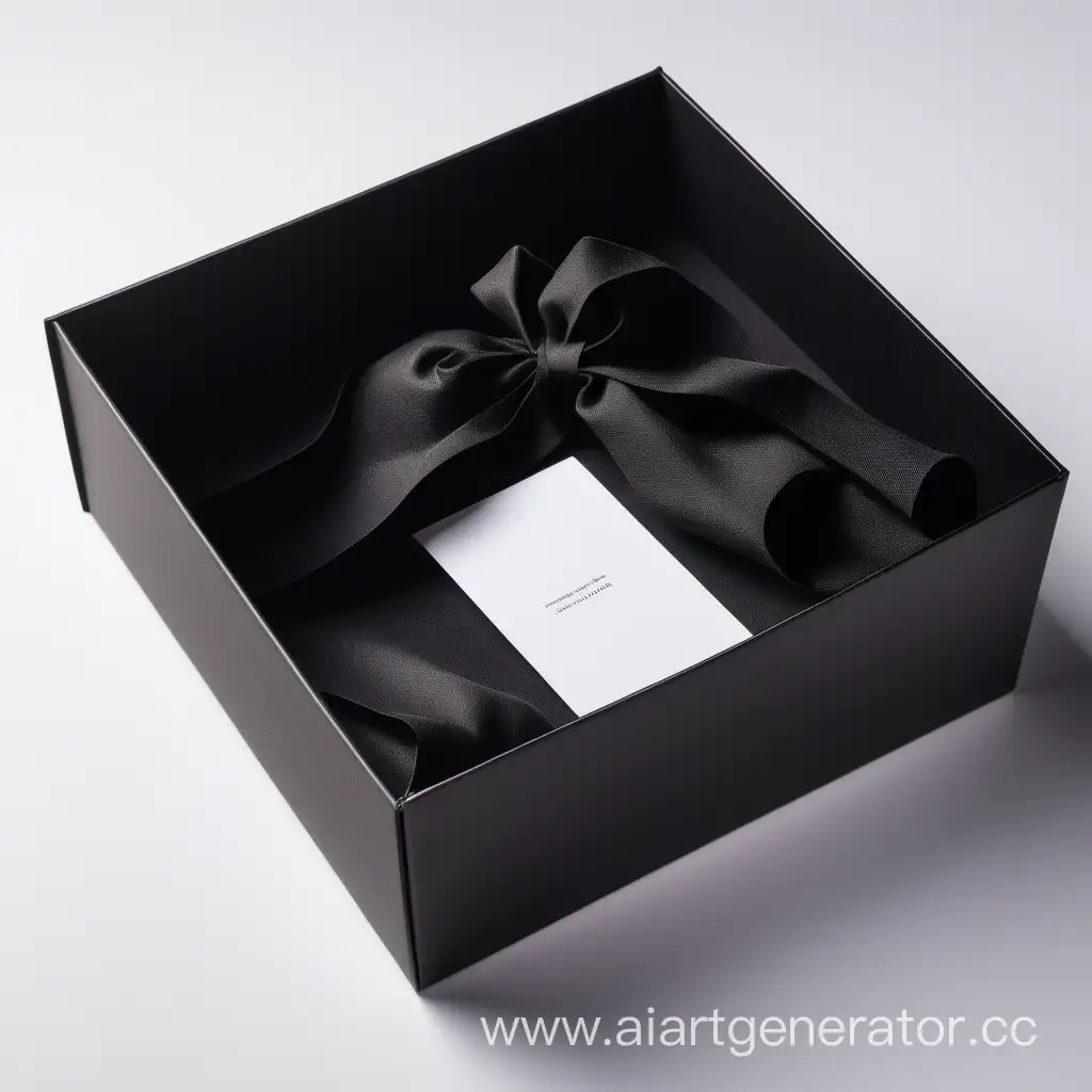 gift packaging box for a woman's handbag. A box with a permanent lid that is open. The box is black. Inside the box there is black cotton filling and a small white card.