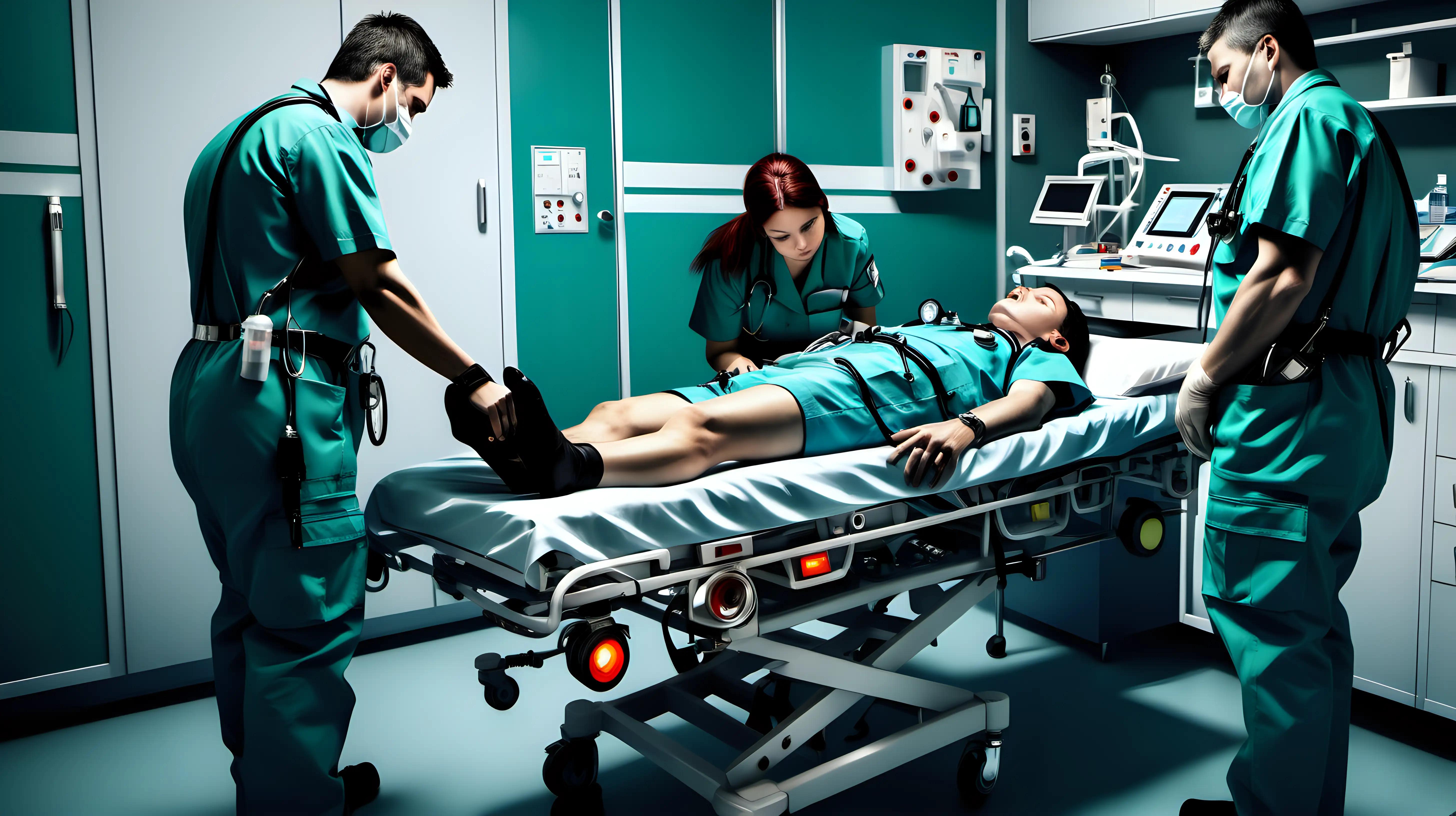 Illustrate a scene of a paramedic attending to a patient, surrounded by medical equipment and showing signs of exhaustion, underscoring the demanding nature of emergency medical services.