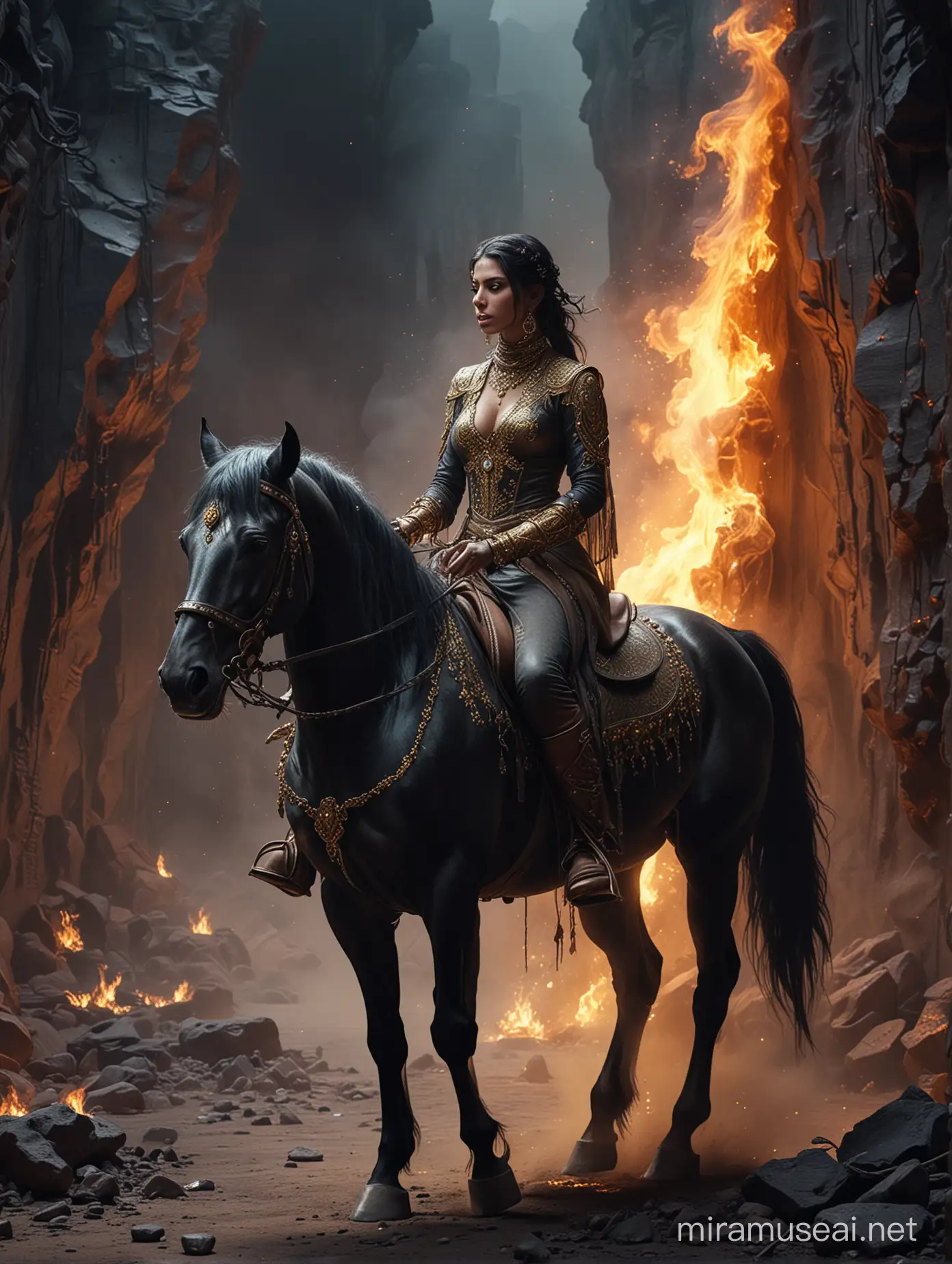 Arabian Woman has Tattoo, She is wearing gold jewelry and sparkling and gems bioluminescent glow, She is ridding a Horse, In Hell, Rocks, Fire, encounter A cracked black wall, With Weird Creatures, Full Details, cinematic, Action, Long Shoot, Dramatic landscape, putty-smeared surface with cracks and the remains of peeling color textures. Mixed, Baroque style. with colored smoke, 8k resolution, dynamic lighting, Oil painting