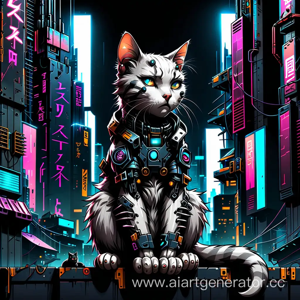 A cat sitting in the Cyberpunk city,with dark background 