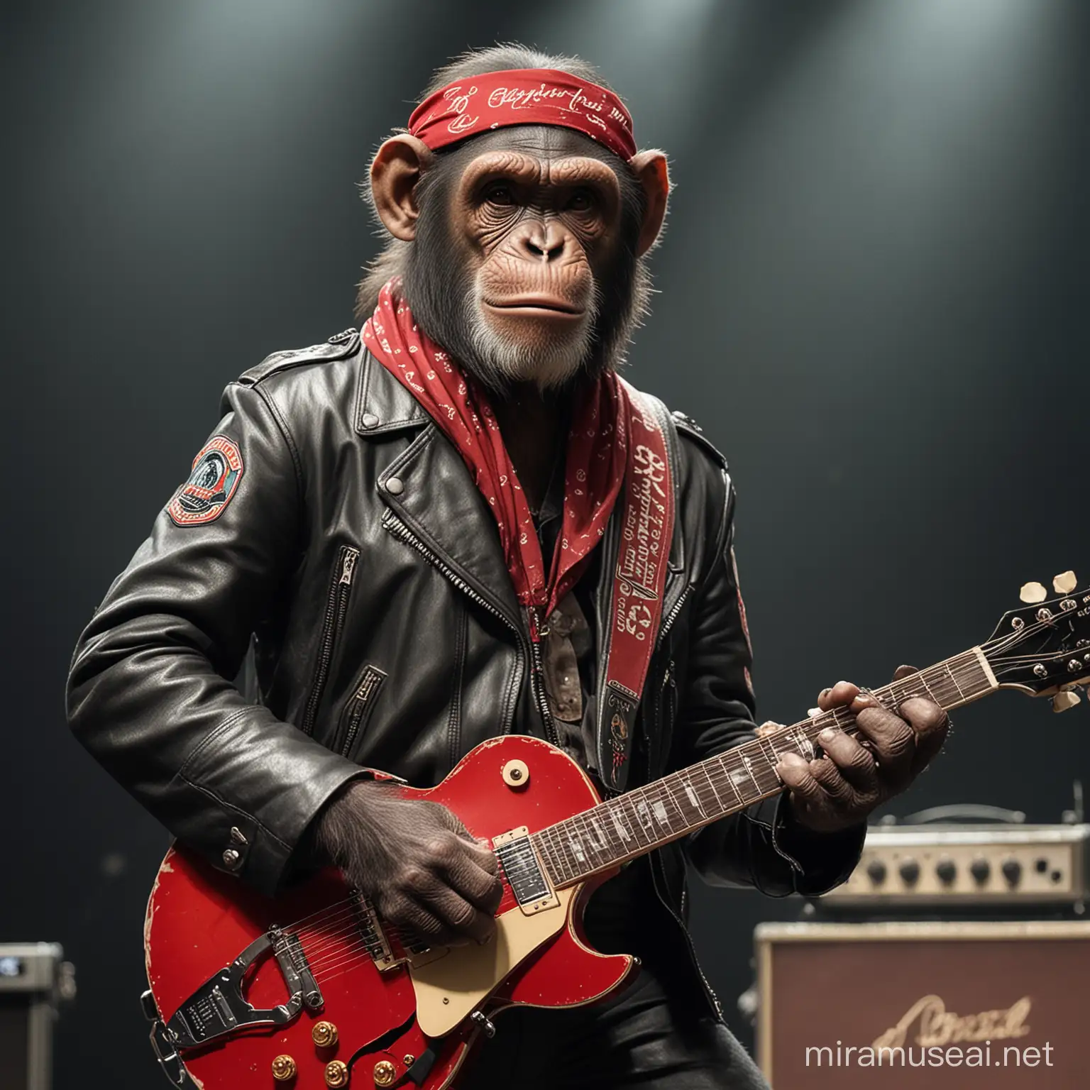 A chimpanzee, playing a Gibson Les Paul, on stage, wearing a leather jacket and a red bandana