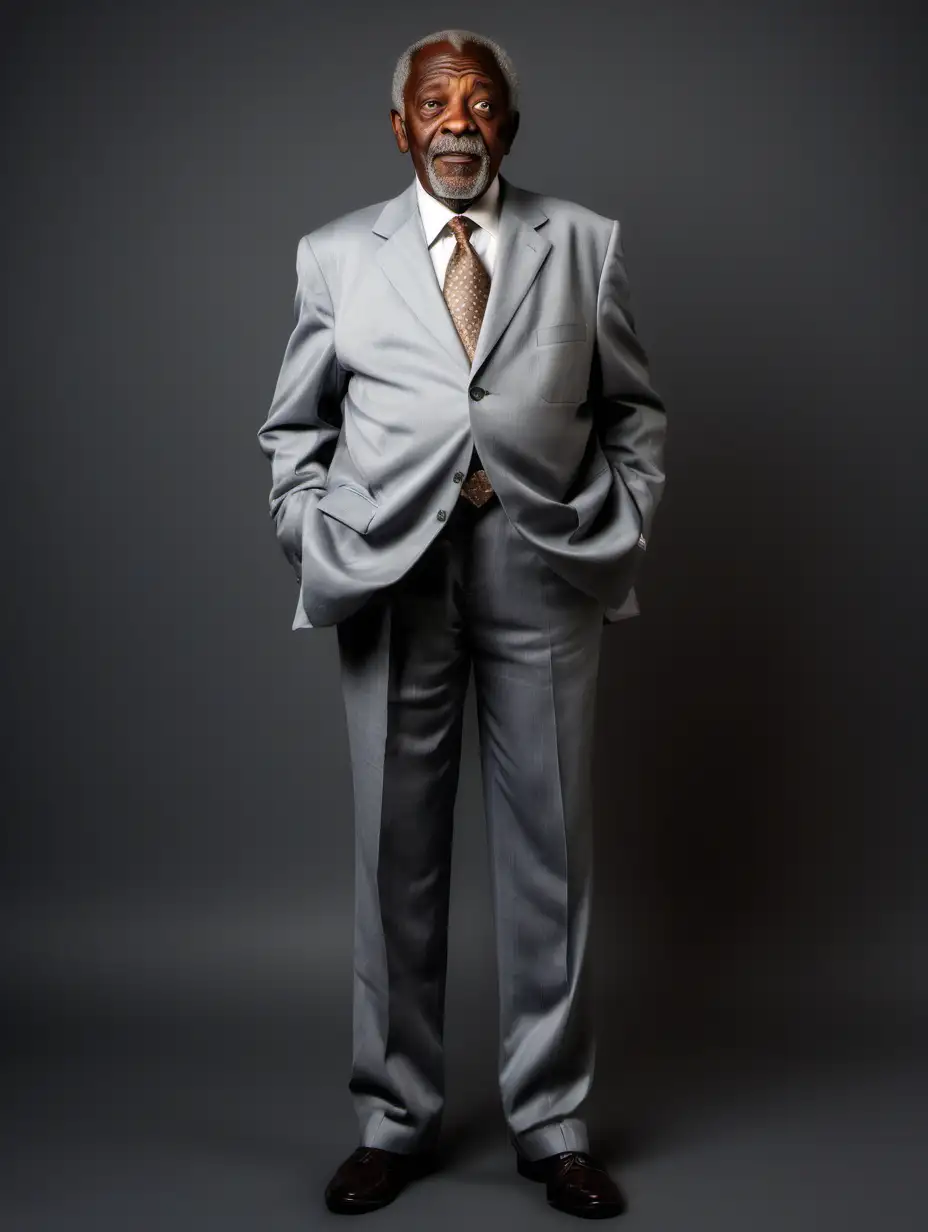 A real african american old man with a grey suit showing his full body 