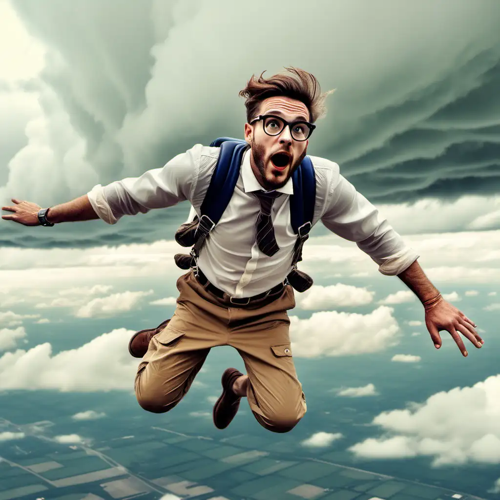 Fearful Hipster Skydiver Without Parachute in Cloudy Sky