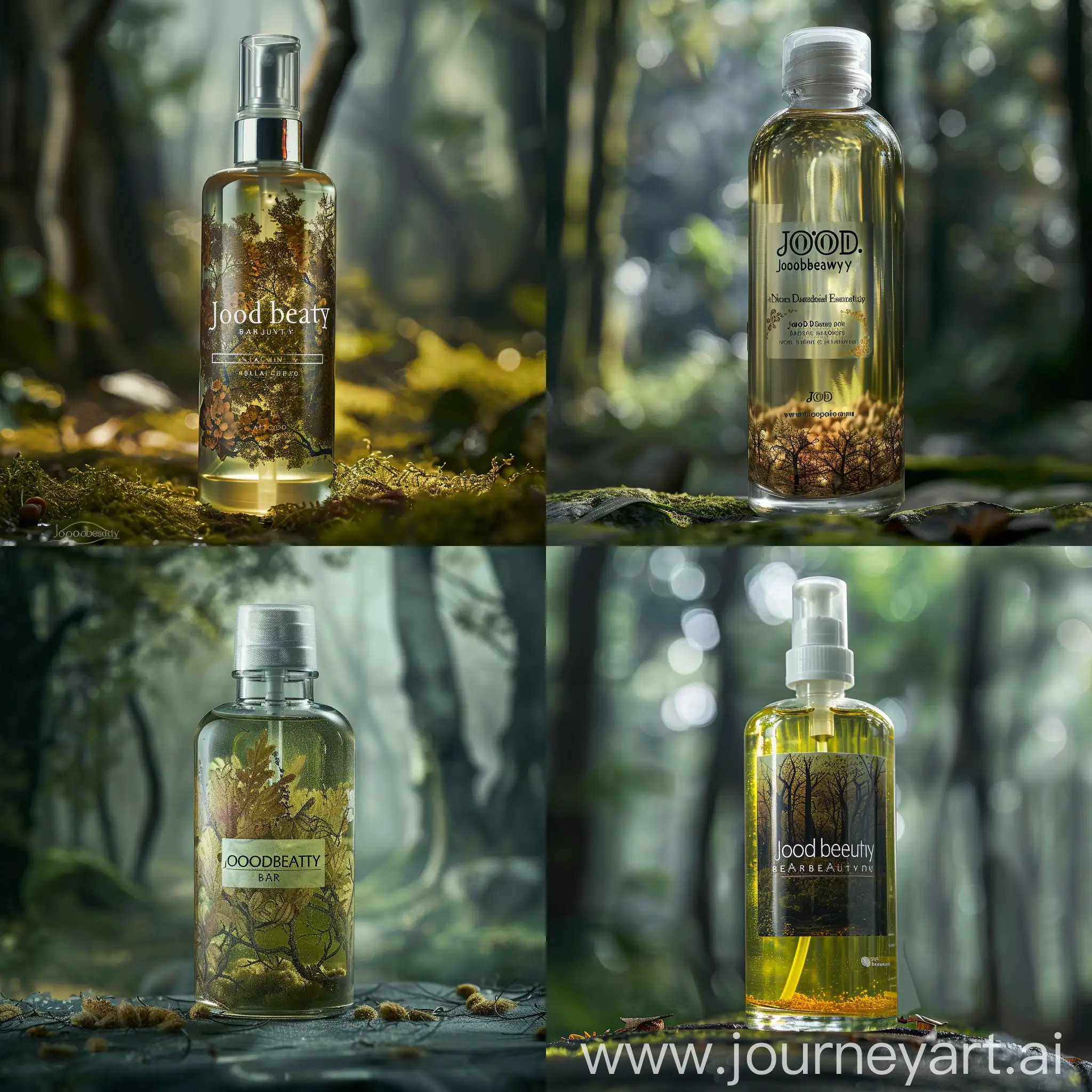 anti dandruff shampoo in glass bottle, its label is transparency hold name of brand "Joodbeauty", bottle has fantasy background  , in midlle of forest with good lighting,