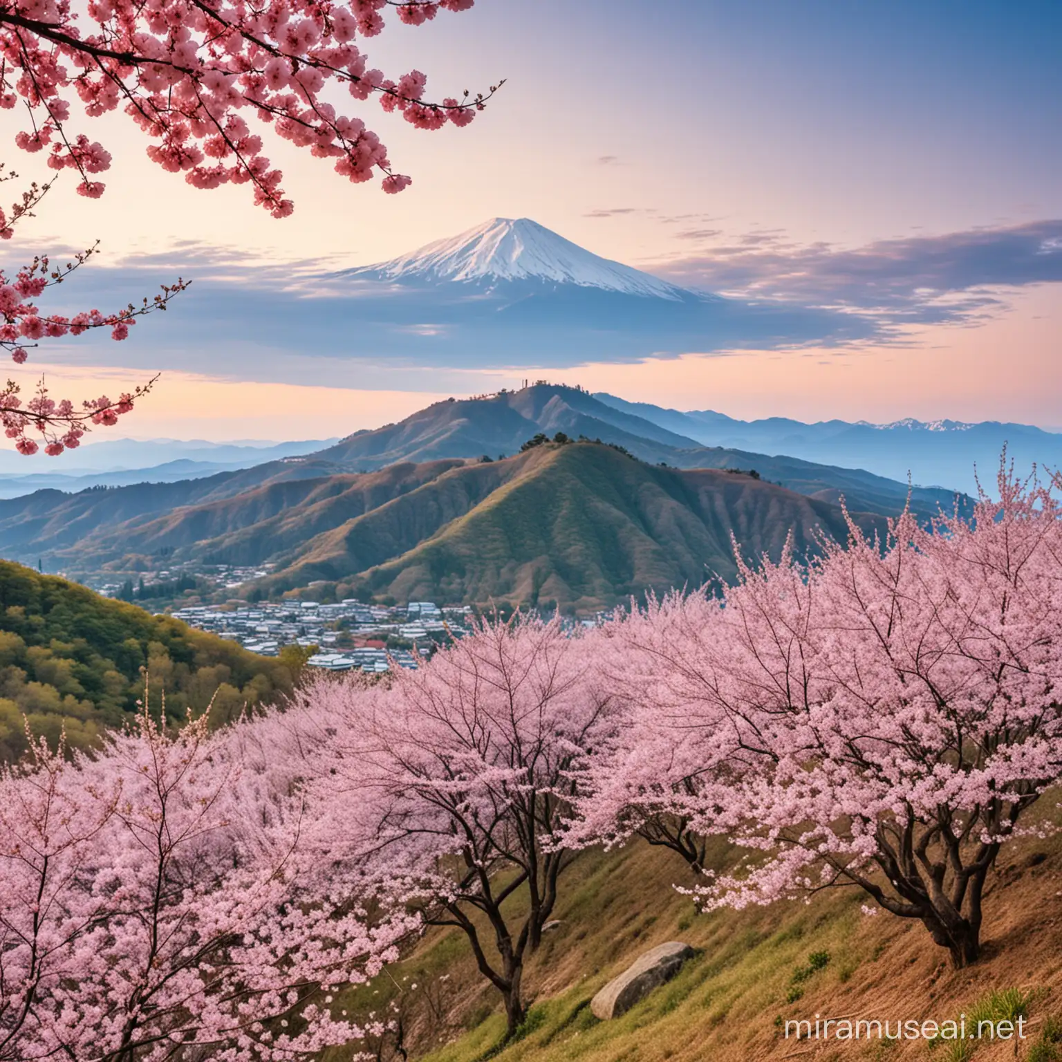 Scenic Mountain Landscape with Cherry Blossoms