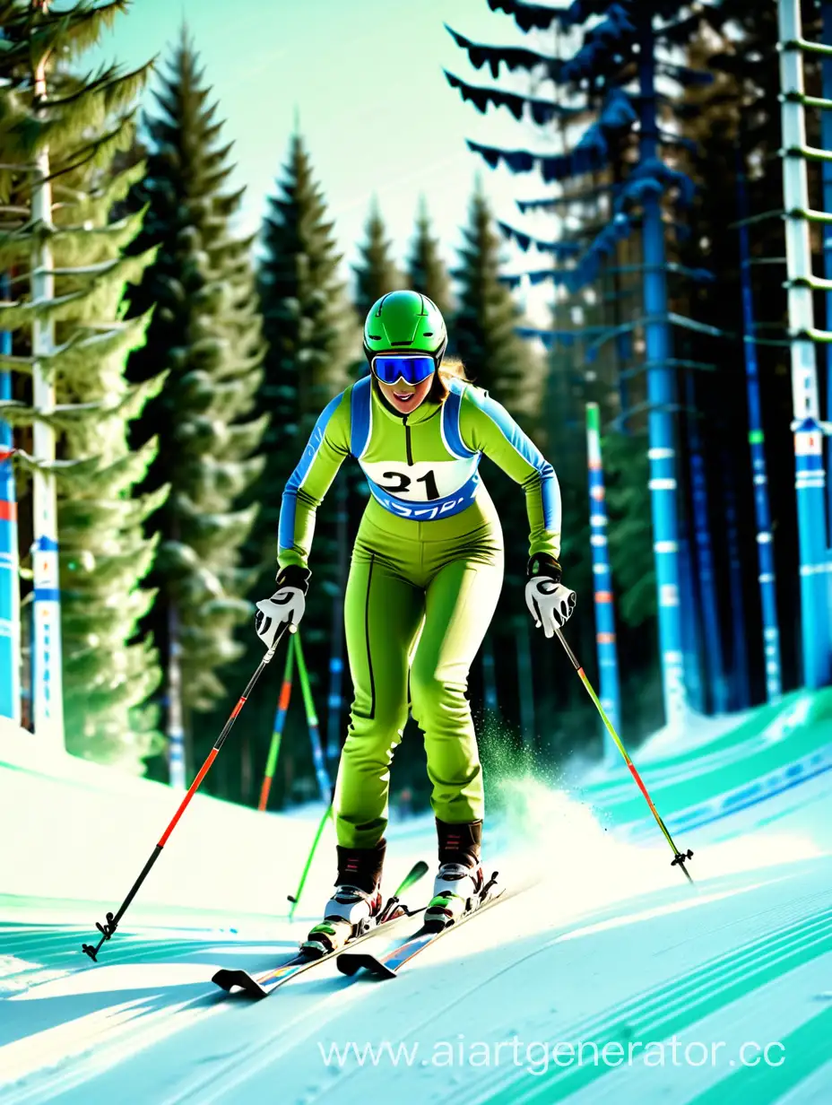 соревнования по лыжным гонка в югре, цвета свело зеленый, зеленый и синий, трасса ровная, елки, высокое качество и детализация


