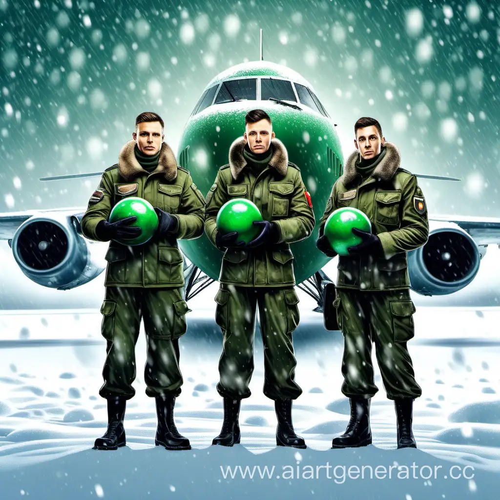 нарисуй трех военных летчиков они стоят вместе в зимней форме одежды, один в руках держит зеленые камуфлированные шарики, на фоне самолета, идет снег
