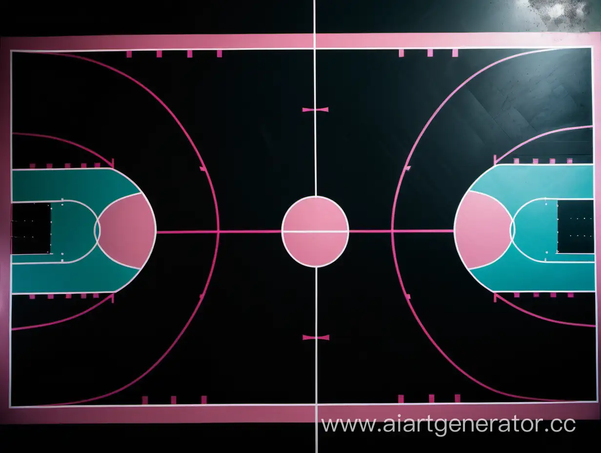 баскетбольная площадка в черном цвете и с акцентными линиями с неюного оттенками розового и бирюзового, вид сверху, с краев есть черное пространство на 30px