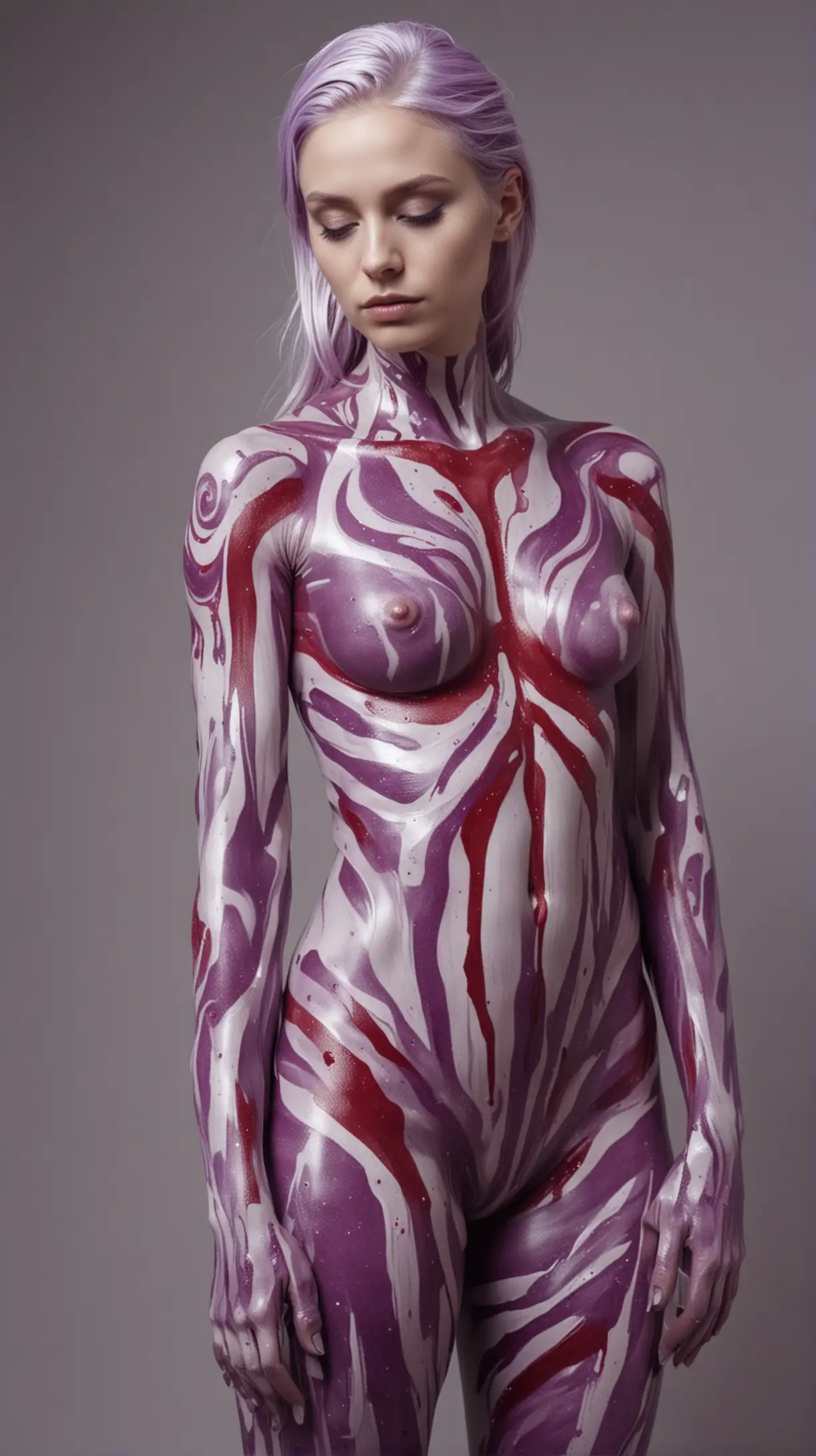 a 20 year old woman covered in purple paint, in the style of dark white and dark red, organic material, layered acrylic washes, alex grey, foampunk, body extensions, silver and crimson --ar 4:5 --s 250 --v 6. 0 --style raw, ((full body view))
