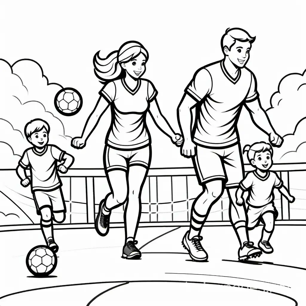 family playing sports together

, Coloring Page, black and white, line art, white background, Simplicity, Ample White Space. The background of the coloring page is plain white to make it easy for young children to color within the lines. The outlines of all the subjects are easy to distinguish, making it simple for kids to color without too much difficulty