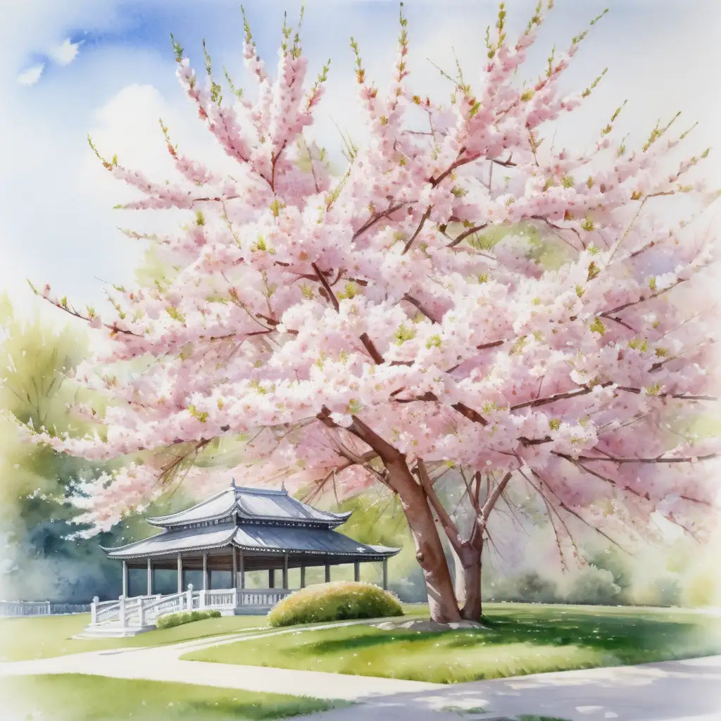 Blossoming Cherry Tree by Summer Pavilion Serene Watercolor Landscape