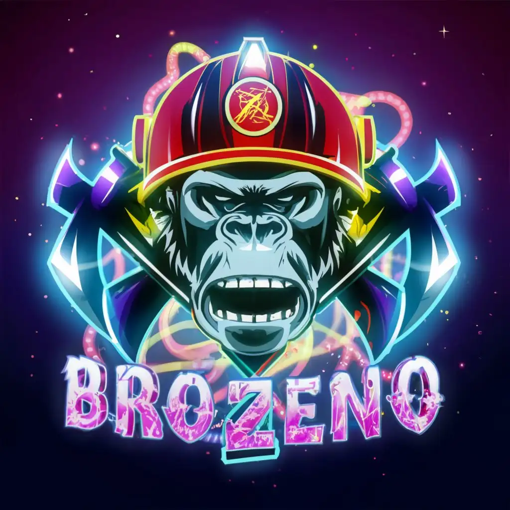 logo, Skull, firefighting gorilla head with crossed axes behind, neon colors in space, with the text "Brozeno", typography