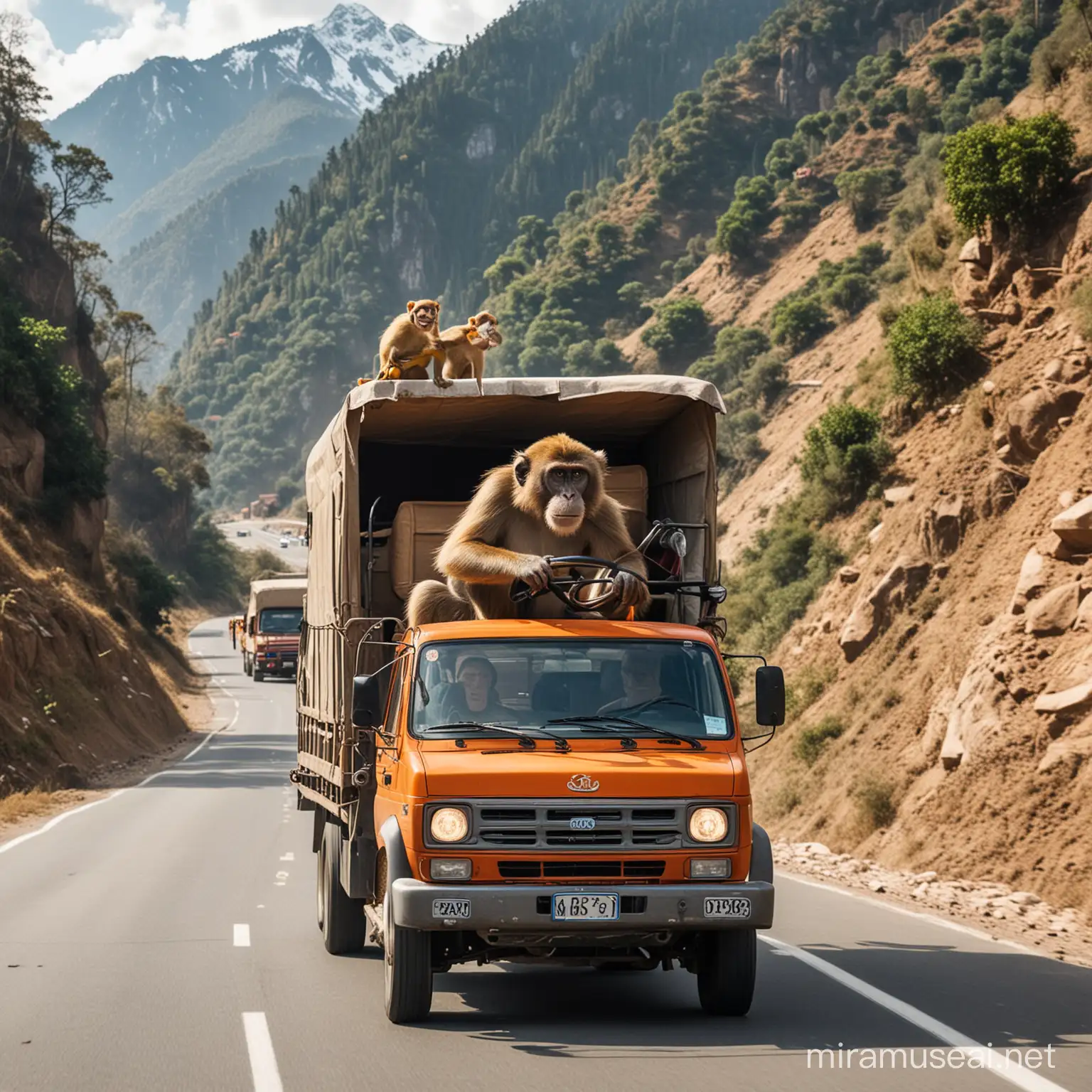 a monkey driver,  driving a truck going down a road in the mountains