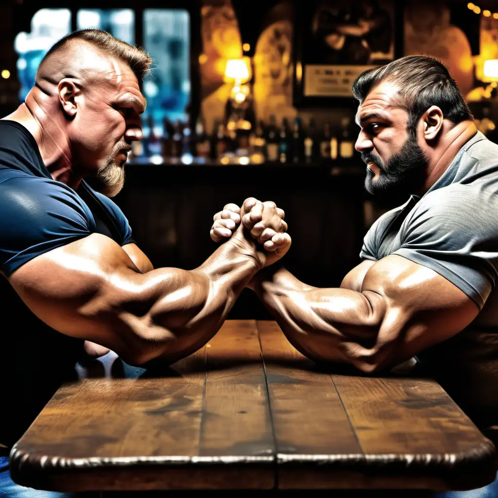 two big strong men are arm wrestling on a table inside a pub