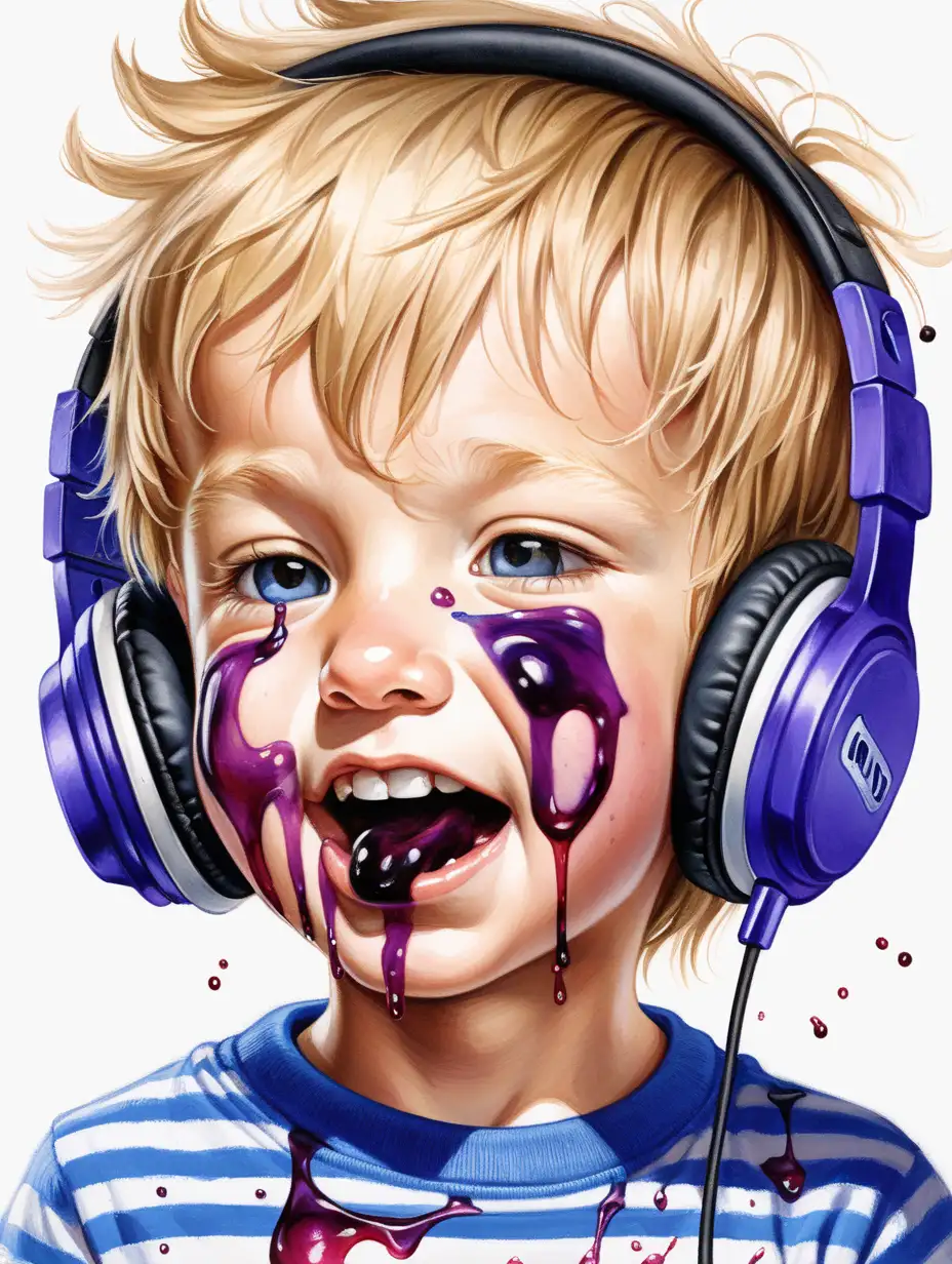  dirty blonde haired little boy wearing headphones, blue and white striped t-shirt grape jelly smeared on his mouth.