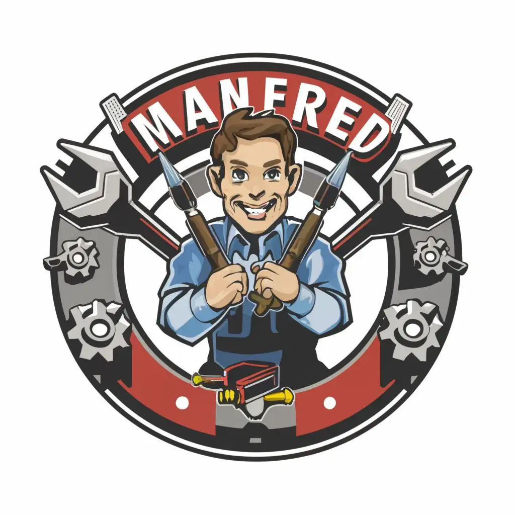 logo, Manfred the mechanican with a tool in his hands, with the text "Manfred", typography