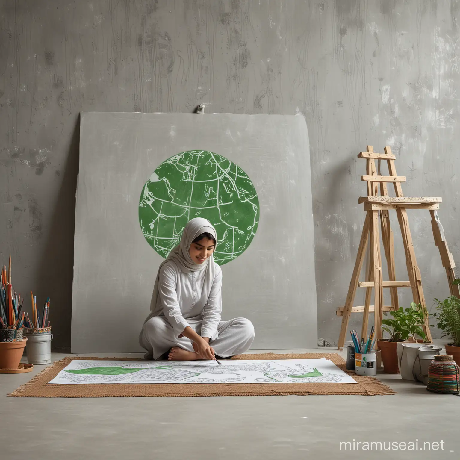 Muslim Girl Drawing in Studio with Green Planet and Gray Wall