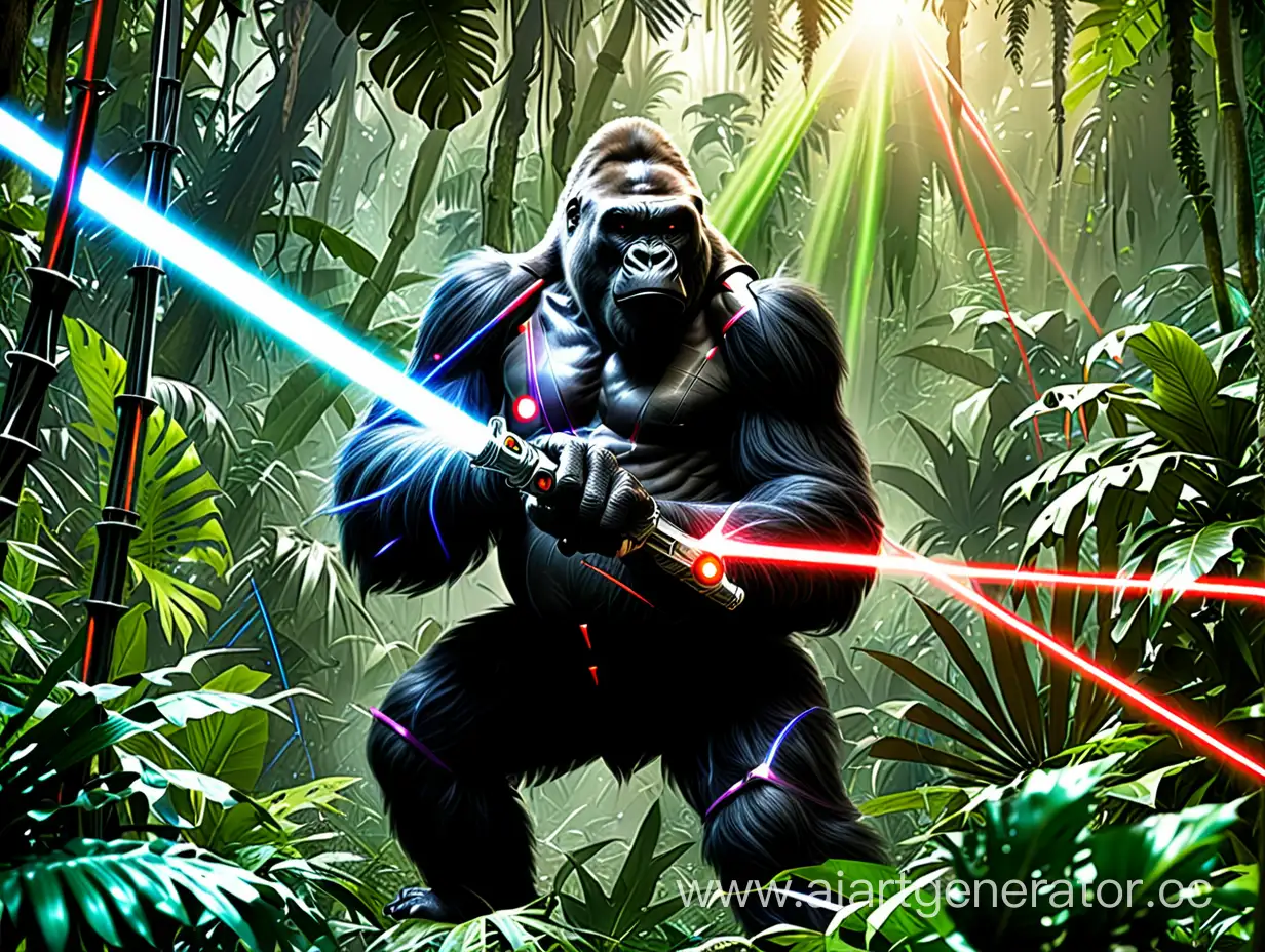 джунгли ,горилла с лазерным мечом