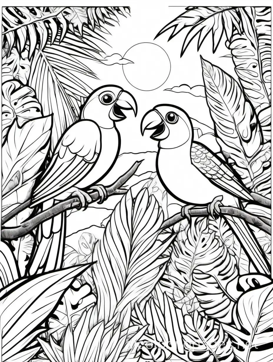 A vibrant tropical jungle with exotic birds: Lush foliage teeming with exotic birds of all colors, their vibrant plumage standing out against the verdant greenery of the jungle canopy. Minimalist only outlines, Coloring Page, black and white, line art, white background, Simplicity, Ample White Space. The background of the coloring page is plain white to make it easy for young children to color within the lines. The outlines of all the subjects are easy to distinguish, making it simple for kids to color without too much difficulty