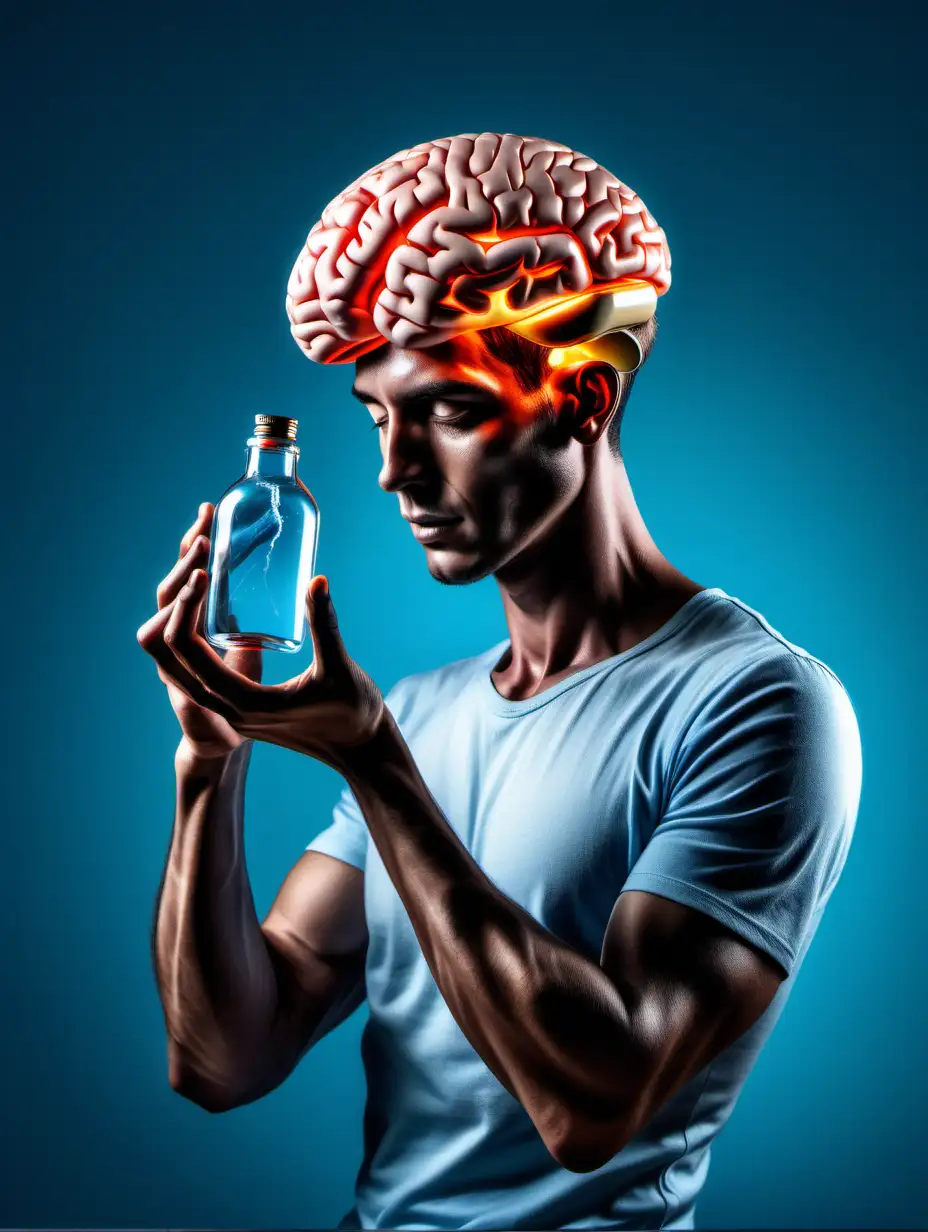A hyper realistic photo of a human figure holding a small bottle with his brain glowing from his highest potential in a clear blue background 
