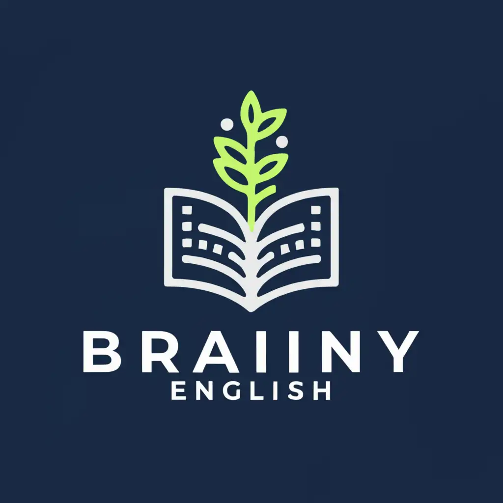 a logo design,with the text "Brainy English", main symbol:smart, book, growing, leader, background: navy ,Moderate,clear background