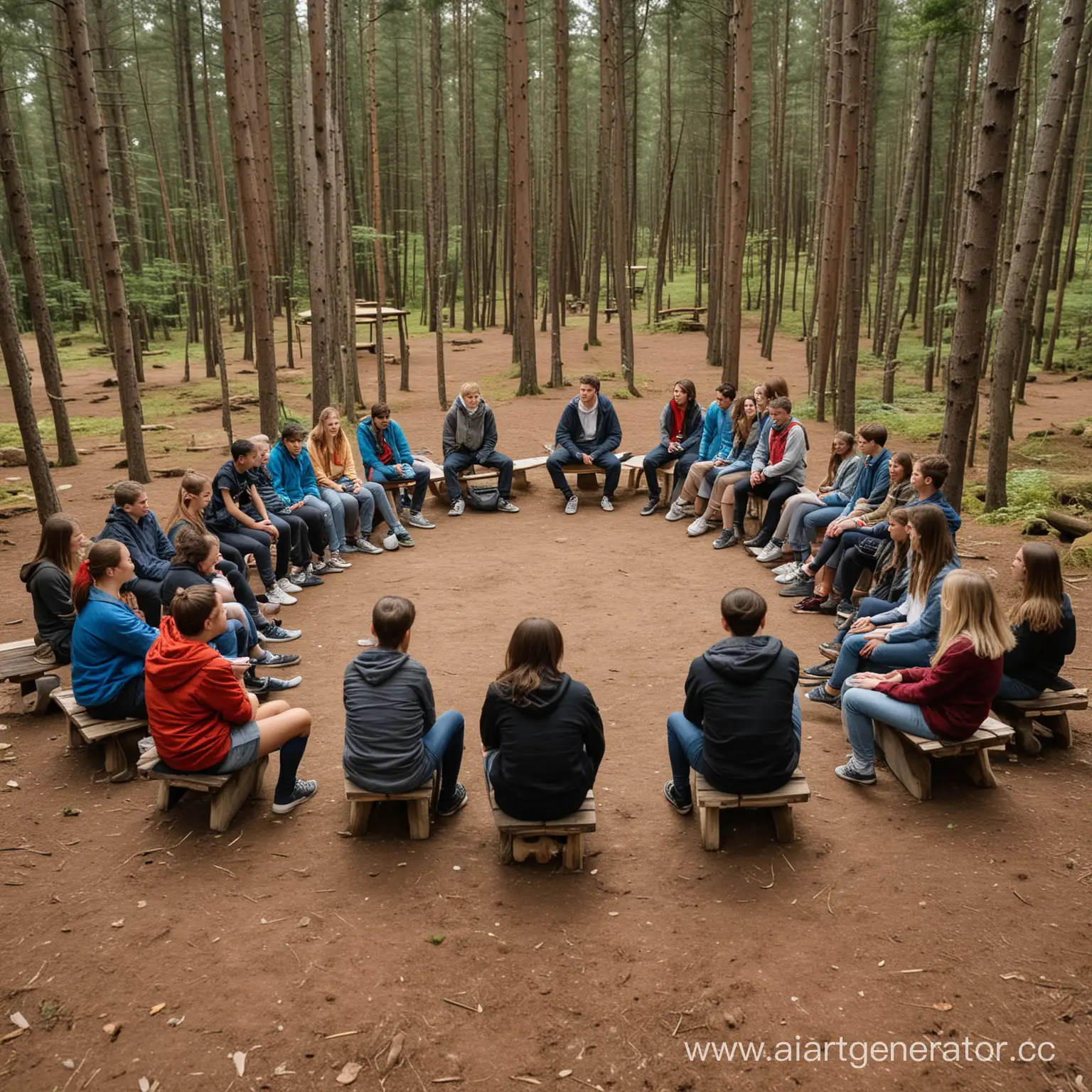 Сидят 20 подростков в кругу, рядом с ними 2 взрослыхвожатых. Подростки обсуждают идеи, сидят в лесу. У них идет активная активная дискуссия. Позади стоят деревянные домики