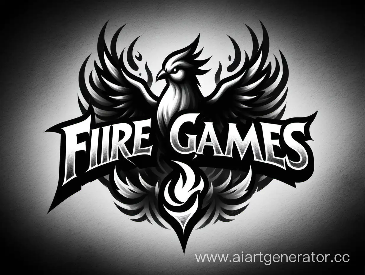 нарисуй мне логотип для игровой компании, изобразив на нем любую взлетающую горящую птицу в черно-белом цвете и сделай подпись "Fire Games" 