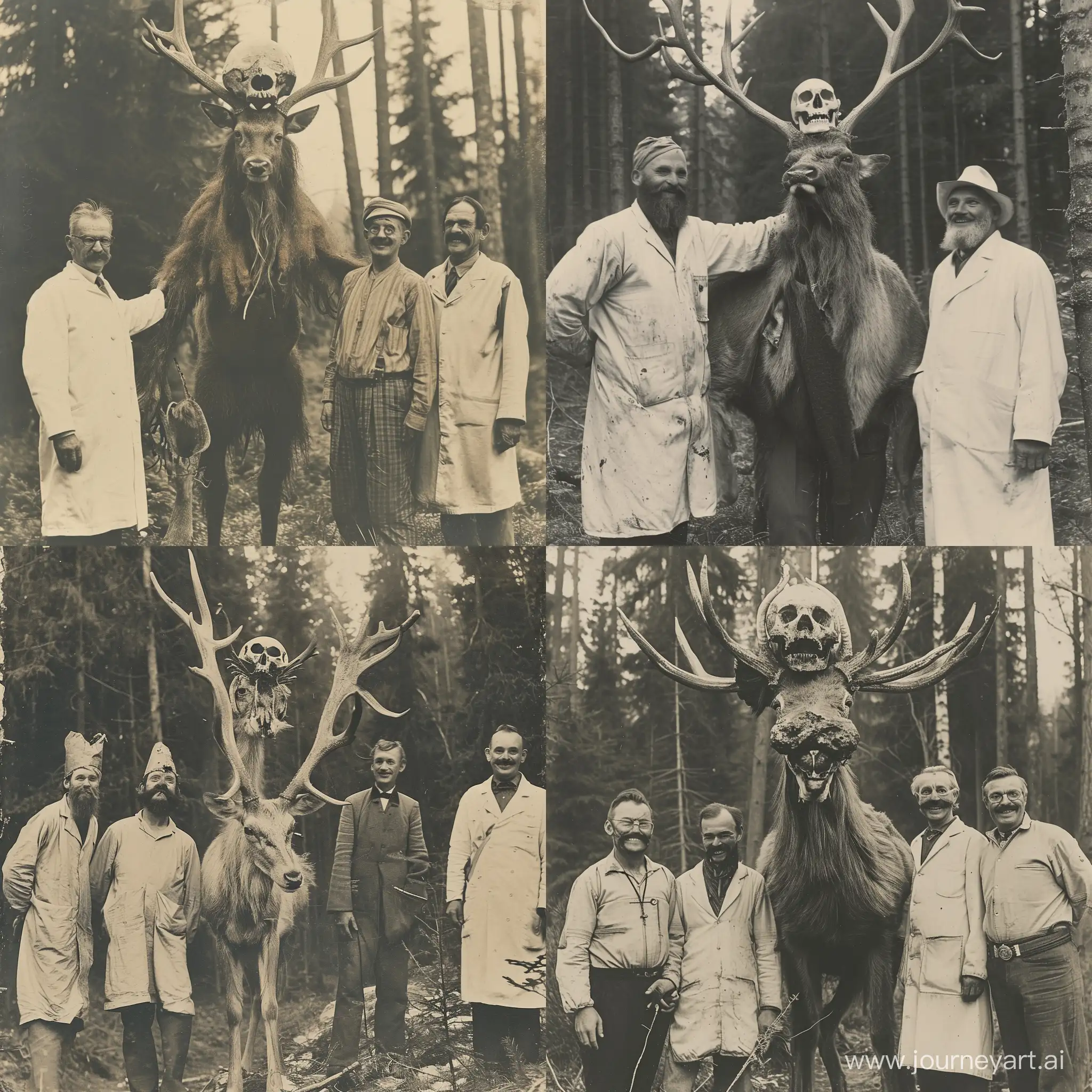 Леший с черепом оленя на голове, оленьи рога, три метра, с учёными на старом фото, начало 20 века, лес, улыбаются 