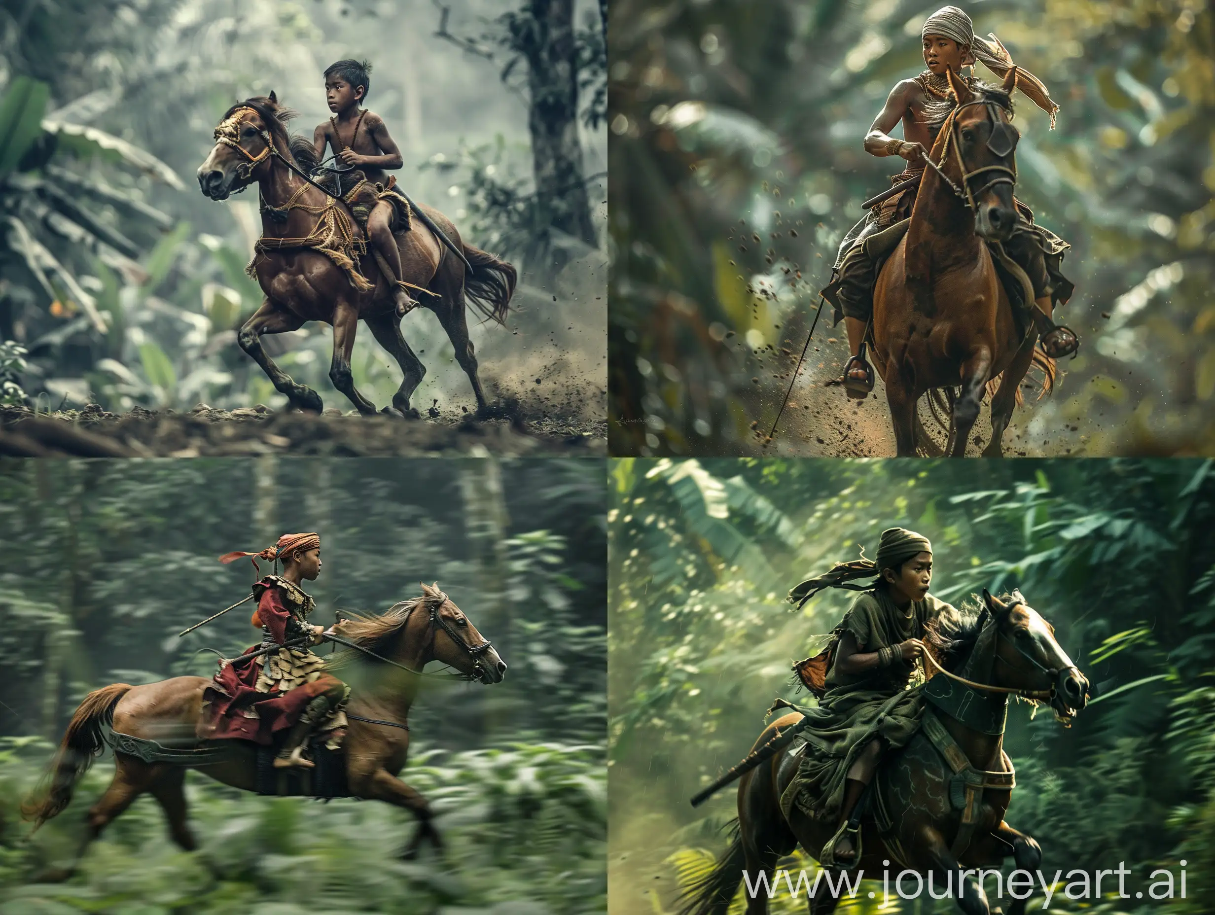 Majapahit kingdom : a young Indonesian warrior is riding a horse fast in the forest, full body view