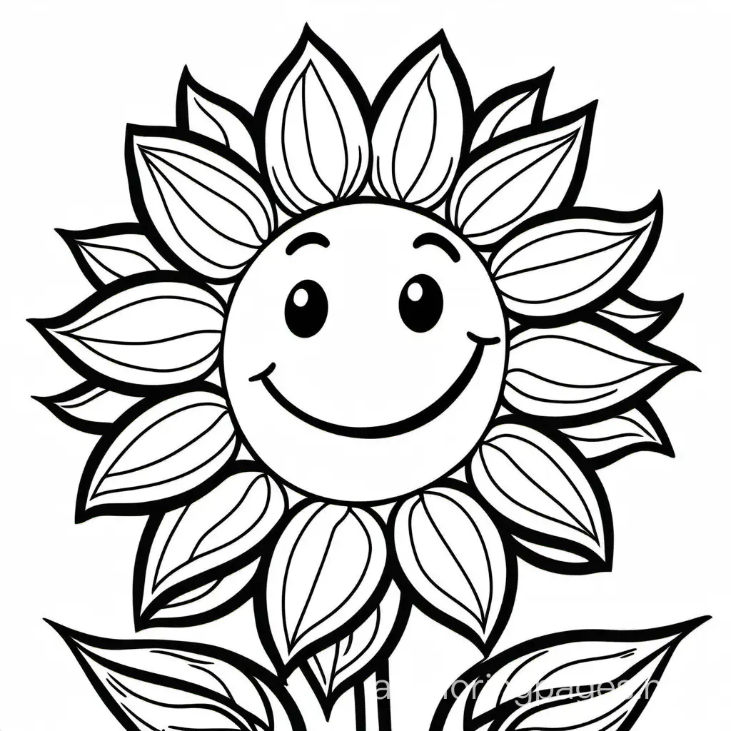 smiling sunflower, Coloring Page, black and white, line art, white background, Simplicity, Ample White Space. The background of the coloring page is plain white to make it easy for young children to color within the lines. The outlines of all the subjects are easy to distinguish, making it simple for kids to color without too much difficulty